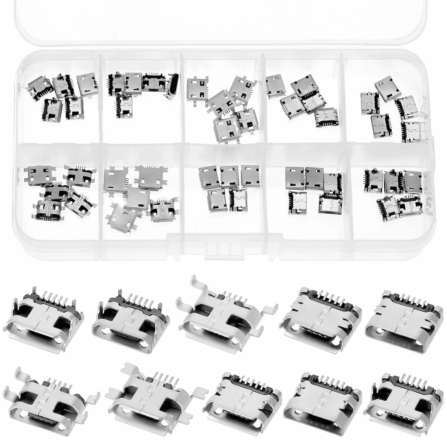 QWORK® 50 sztuk gniazdo Micro USB 5-pinowe, 10 modeli złącza USB do lutowania, do produktów informacyjnych i komunikacyjnych