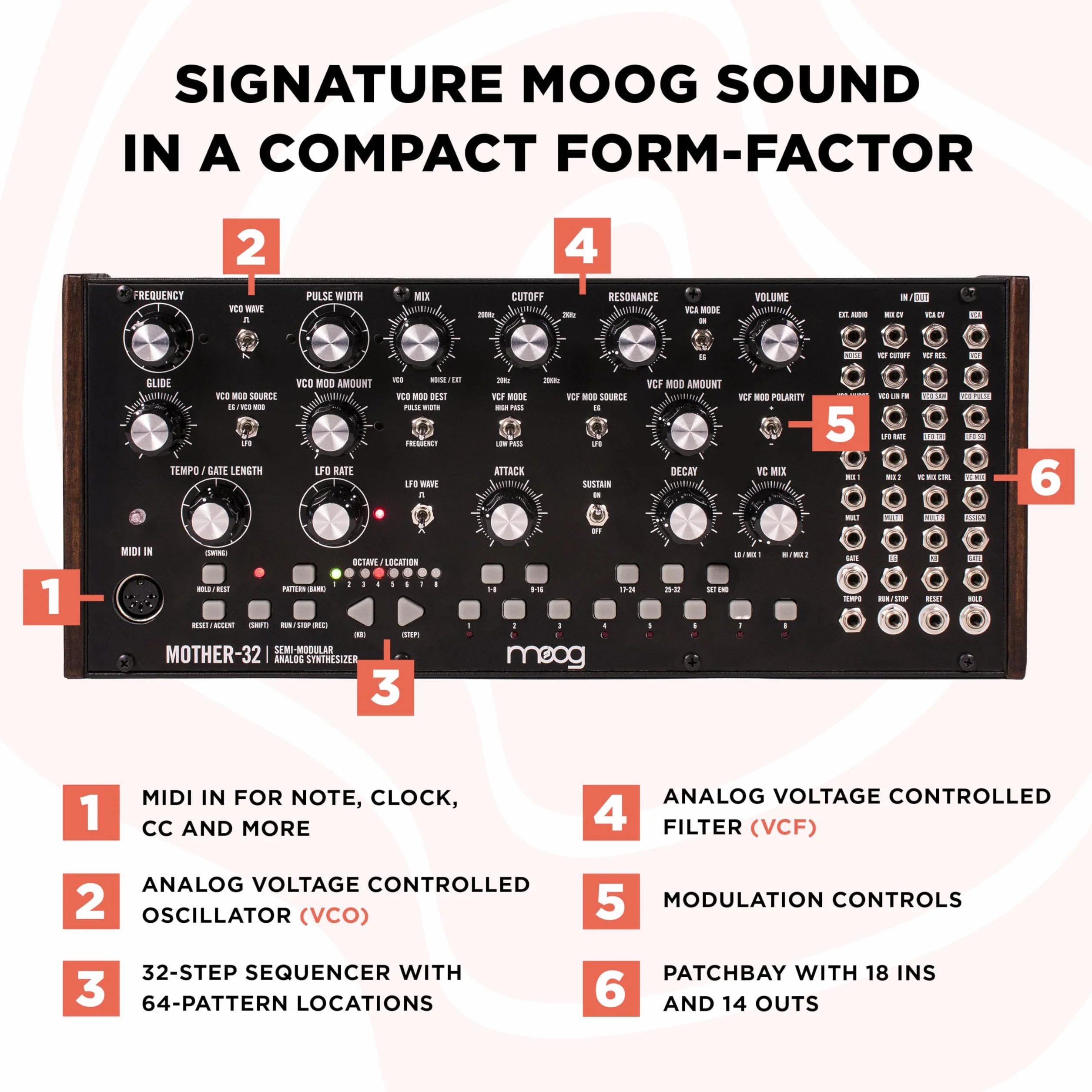MOOG Mother-32 Eurorack Półmodularny Syntezator Analogowy z Sekwencerem, VC, Filtrem Drabinkowym, Wejściem MIDI, Rozszerzonym Patchbayem i Gniazdem CV