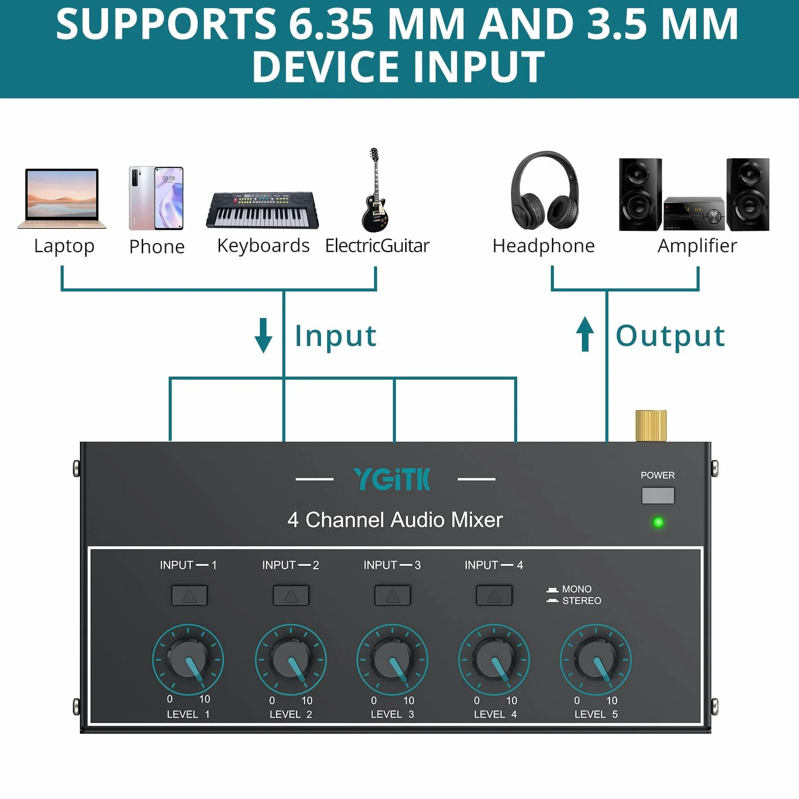 Mini mikser audio, 4-kanałowy mikser liniowy stereo 1/4" & 1/8" TSR Audio Output Input Jack, mikser liniowy stereo/mono z niezależną kontrolą i przełącznikiem dla gitar, basu, klawiatur