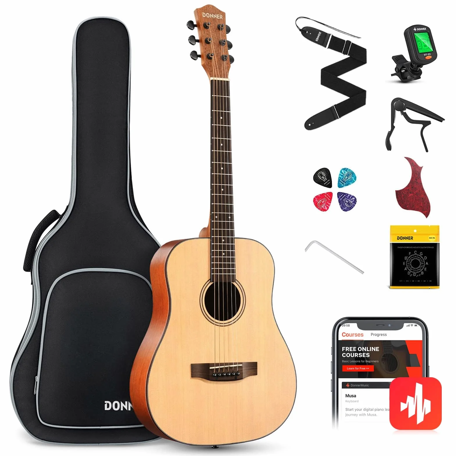 Donner Gitara akustyczna 3/4 dla początkujących, dla początkujących, zestaw gitar akustycznych, dla dorosłych, 36", Dreadnought z 6 kieszeniami, pasek Capo do kostki (naturalna)