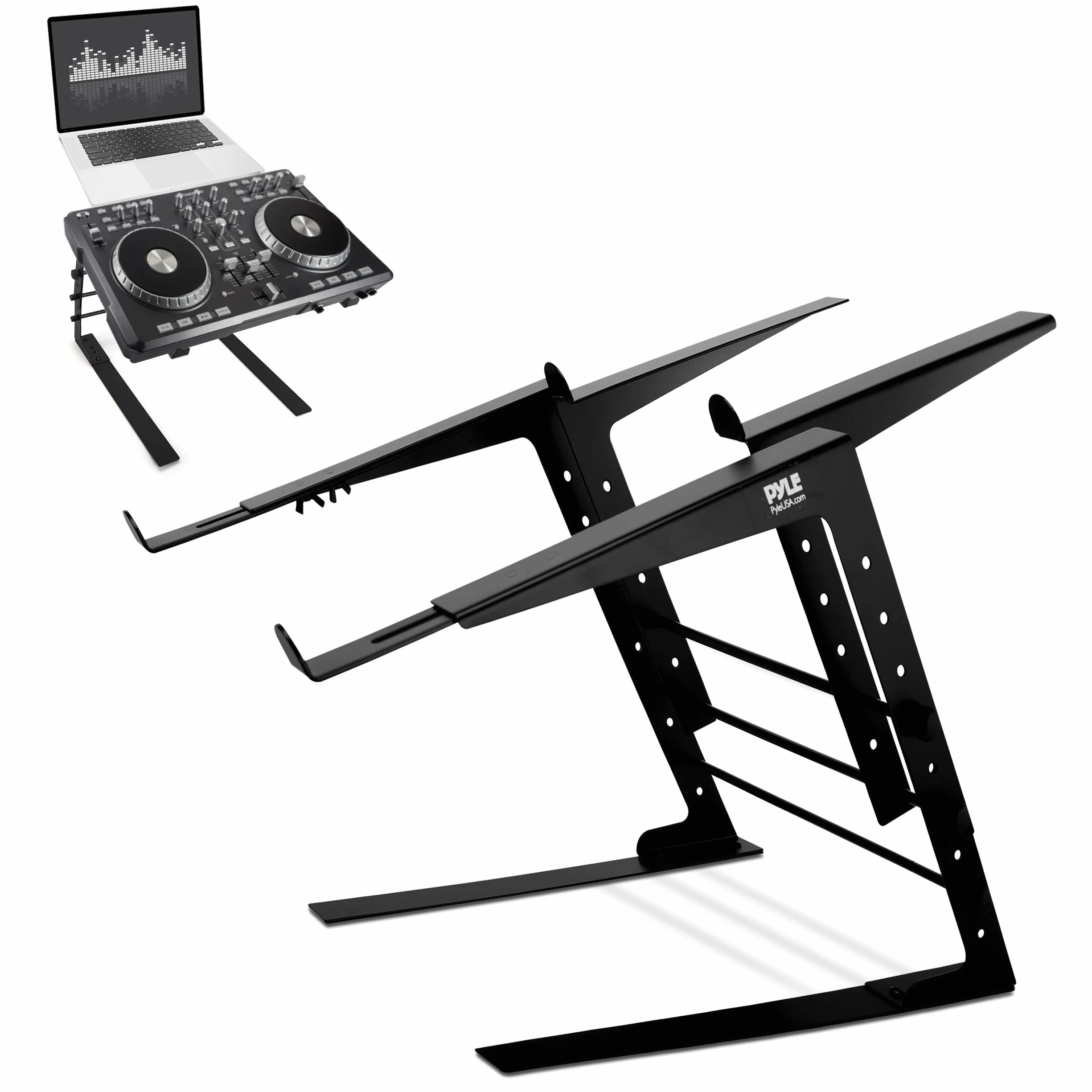 Pyle Stolik dla DJ, przenośny podwójny stojak na laptopa, podwójny stojak na laptopa z regulowaną wysokością, ergonomiczny design i antypoślizgowe ząbki, do miksera DJ-a, kontrolera, stacji roboczej,