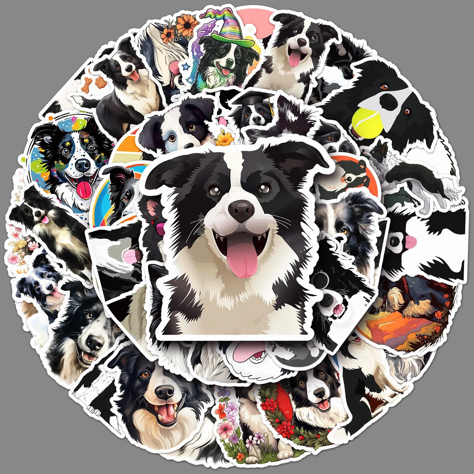 Border Collie Wodoodporne winylowe naklejki dla psów, zestaw 50 szt., urocze naklejki dla szczeniaka na laptopa, butelkę z wodą, etui na telefon, bagaż, album do scrapbookingu, prezenty dla miłośników