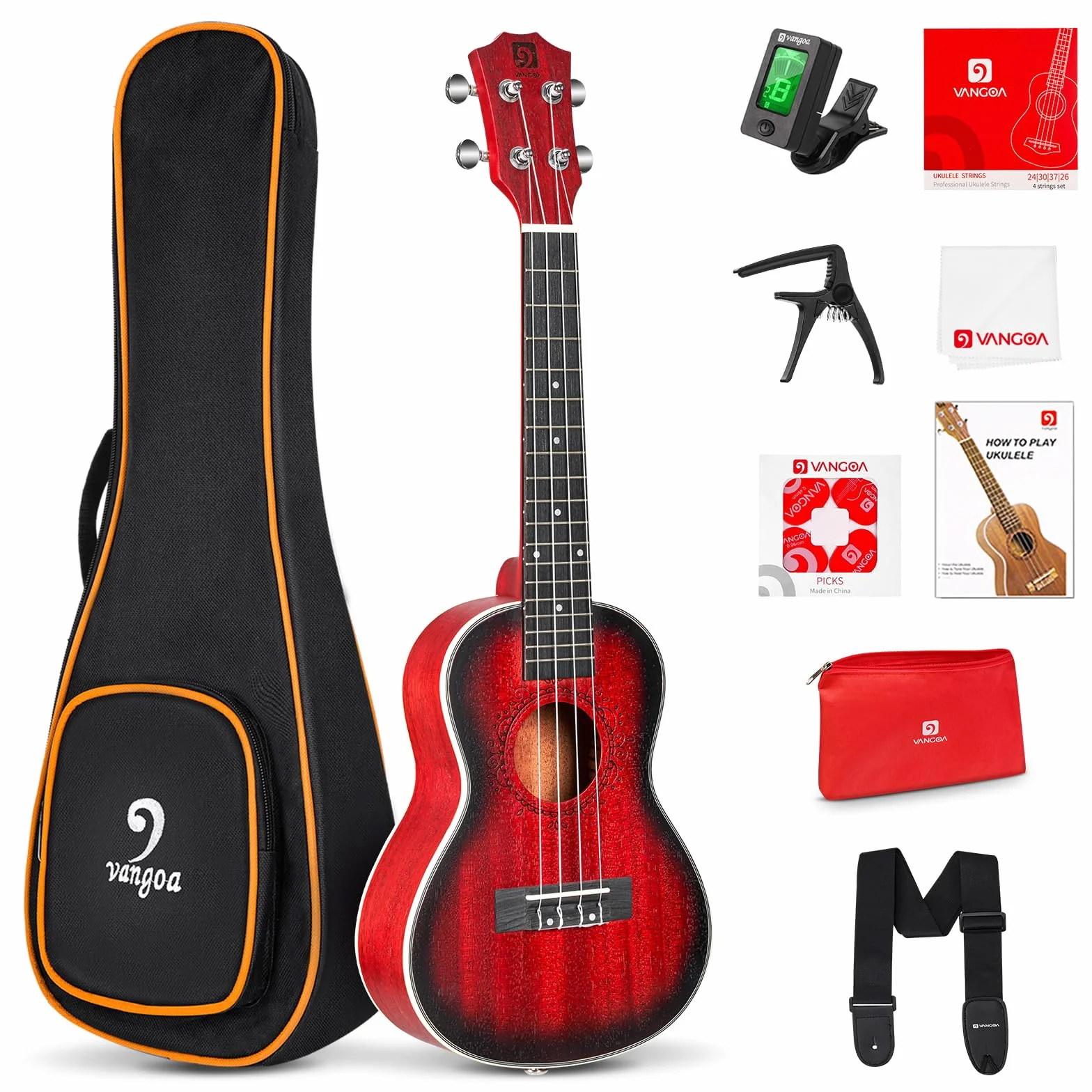 Vangoa Ukulele Tenorowe dla początkujących, 66 cm, zestaw ukulele mahoniowe, profesjonalny hawajski zestaw startowy Uke z torbą, czerwony