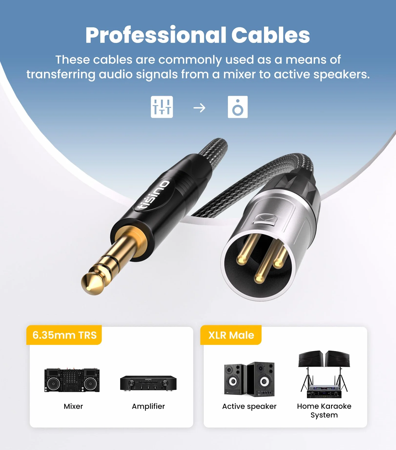 Tisino Kabel 6,35 mm TRS na XLR męski, zbalansowany kabel audio, 20 AWG OFC ekranowany, pozłacane złącza, nylonowy oplot, do miksera, głośnika aktywnego, wzmacniacza i sprzętu audio-3m