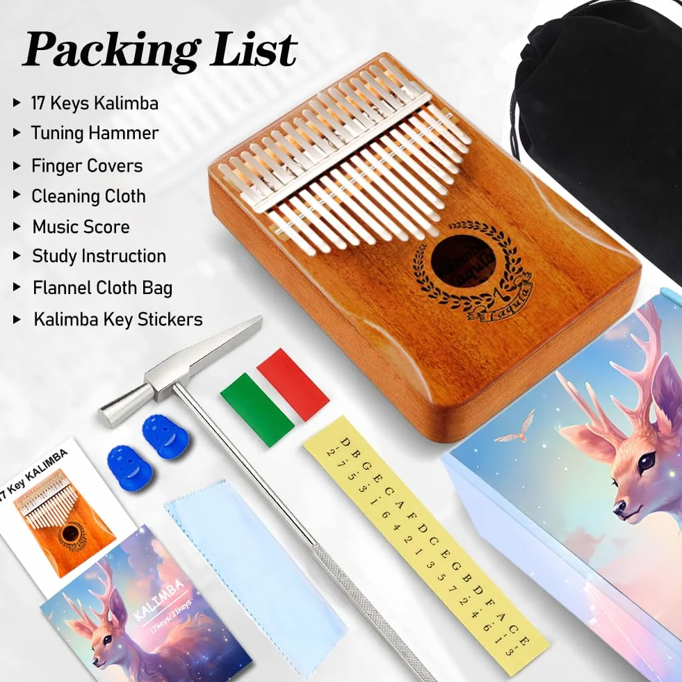 Kalimba 17 Klawiszy Fortepian – Przenośny Mbira Sanza Palec Fortepian Profesjonalny Instrument Muzyczny z Instrukcja Nauki, Młotek Strojeniowy Prezent Dla Dzieci Dorosłych