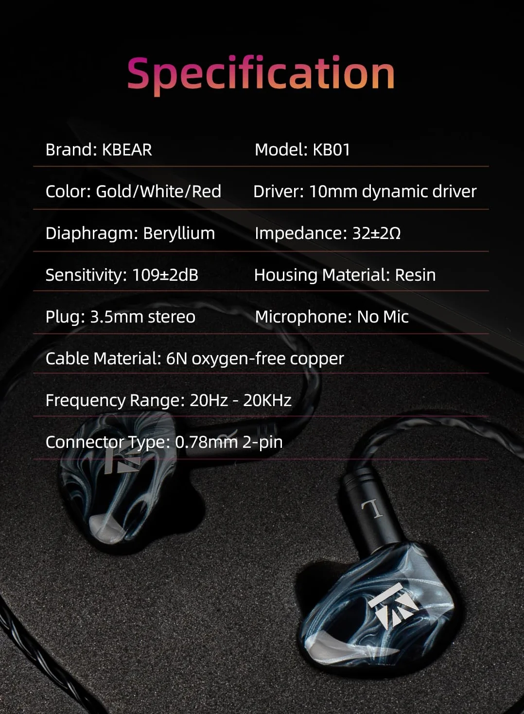 KBEAR KB01 Monitory douszne, HIFI berylowa, dynamiczny przetwornik w uszach, przewodowe słuchawki douszne, wysokiej klasy słuchawki dla muzyków, piosenkarzy z czystym dźwiękiem, kabel OFC, wnęka z