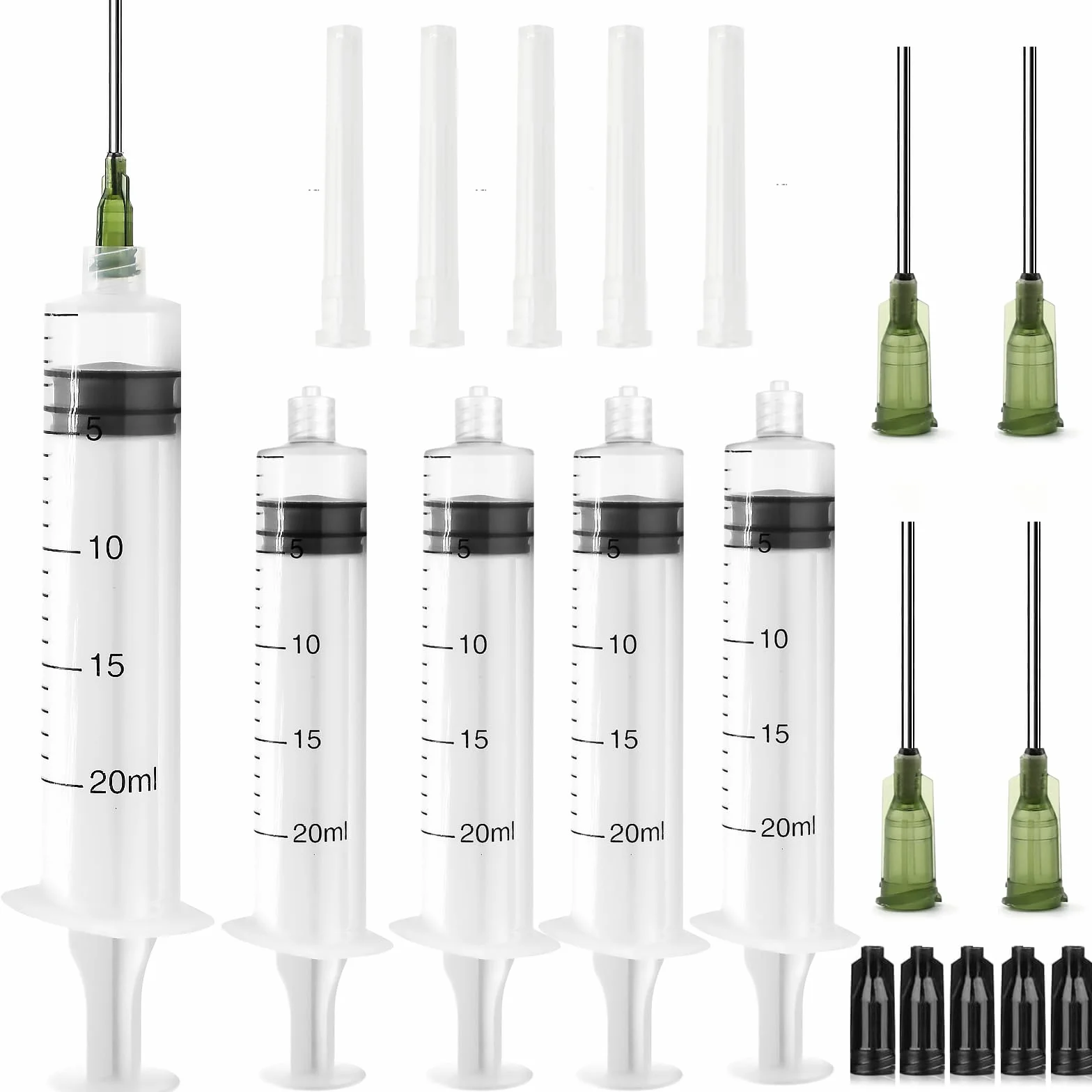 5 sztuk strzykawek Luer Lock 20 ml, plastikowa strzykawka, zestaw strzykawek z tępą igłą dozującą 14G i nasadką, strzykawka z tworzywa sztucznego z podziałką, strzykawka do karmienia do dozowania