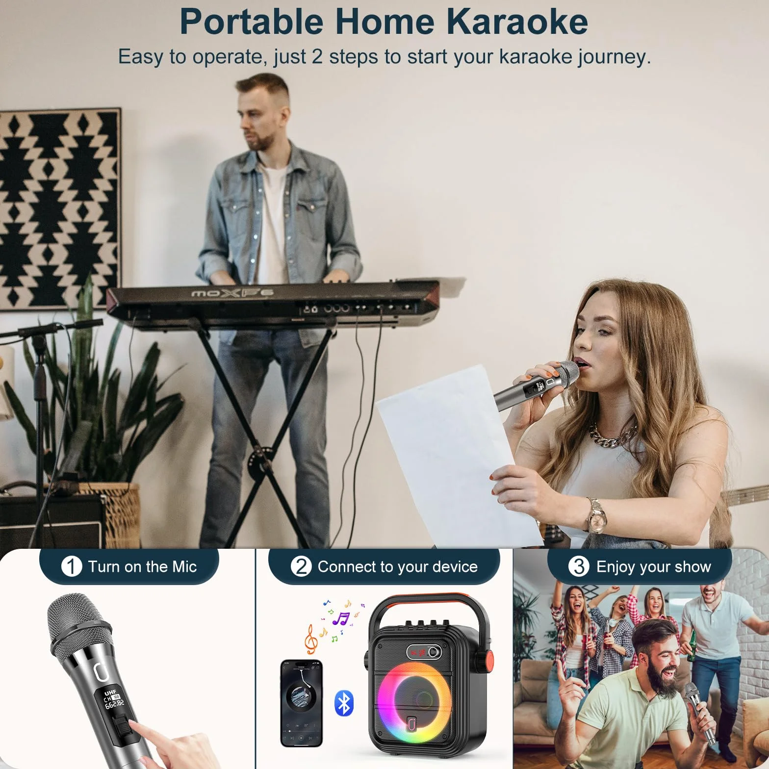 JYX 66PRO Maszyna do karaoke z 2 mikrofonami bezprzewodowymi, system PA z wysokimi i basami, przenośny głośnik Bluetooth ze światłem RGB, obsługuje transmisję na żywo/monitoring, nadaje się dla