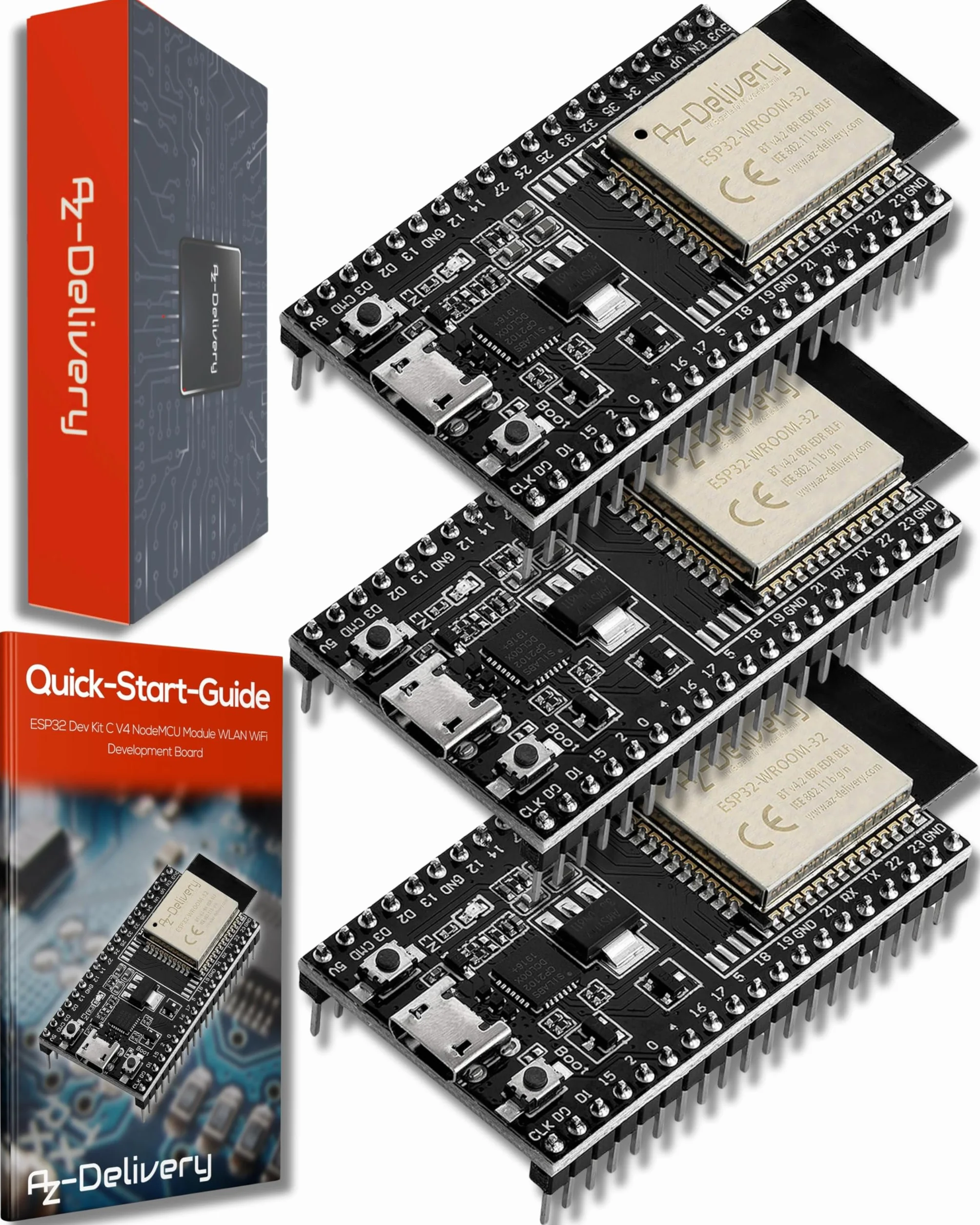 AZDelivery 3 x ESP32 Dev Kit C V4 NodeMCU WLAN WiFi Development Board kompatybilny z Arduino w tym e-Book! (Następca modułu ESP32 Dev Kit C)