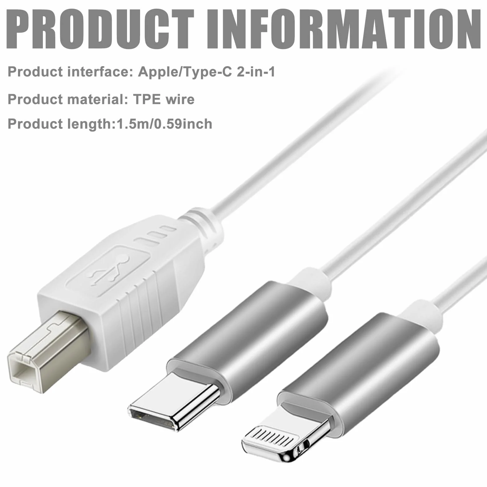 2 w 1 kabel USB-C na USB-B Midi, 1 m OTG do iPhone'a, iOS, kontrolera, interfejsu audio, klawiatury, elektronicznego instrumentu muzycznego (biały)