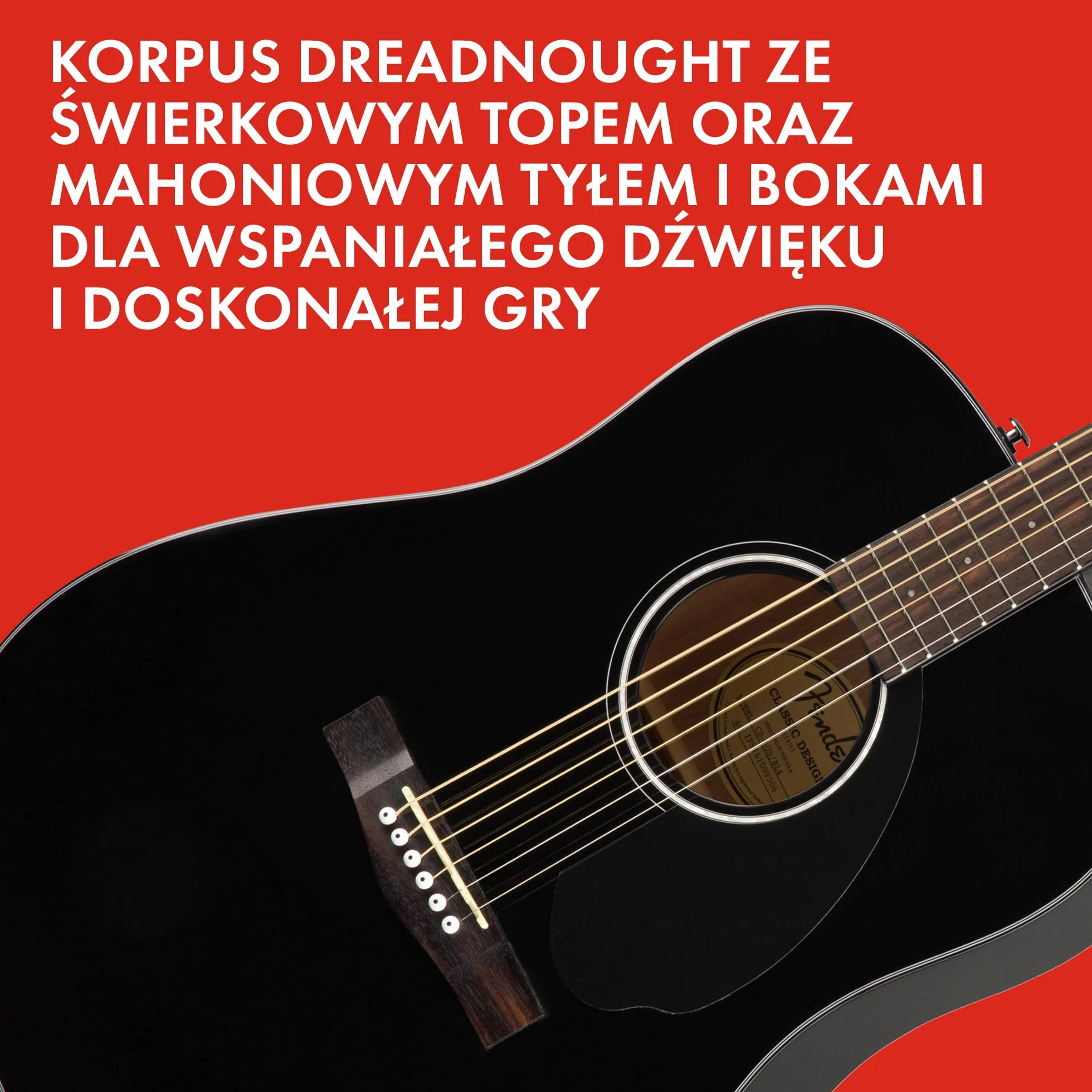 Fender Gitara akustyczna CD-60S Dreadnought, podstrunnica orzechowa, czarna, w zestawie bezpłatne lekcje wirtualne