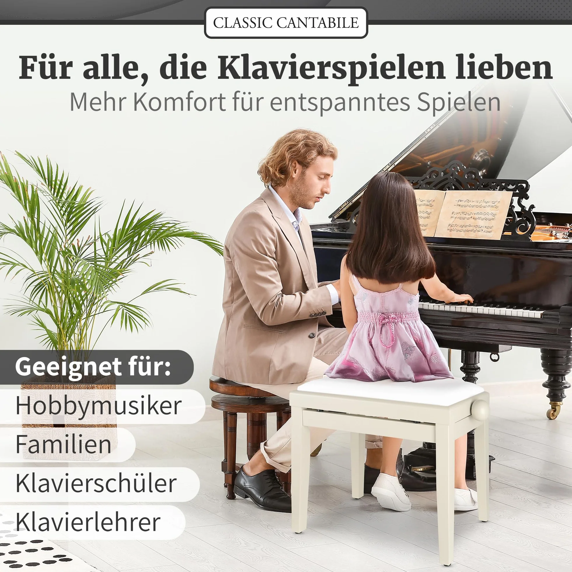 Classic Cantabile Matowa biała jesionowa ławka fortepianowa