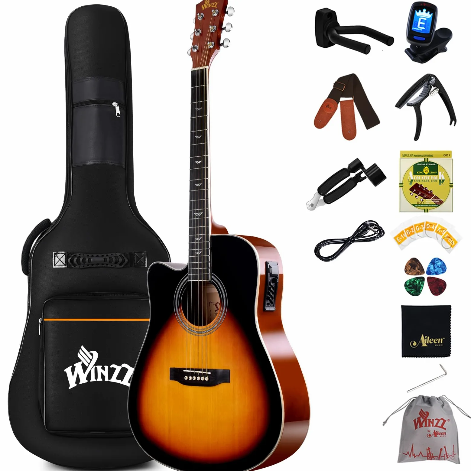 Winzz 4/4 Gitara Elektroakustyczna, Leworęczna Gitara Westernowa, Zestaw dla Dorosłych Początkujących, Gitara Akustyczna 41 Cali z 4-pasmowym Ekwalizerem (Dreadnought, Połyskujący Sunburst)