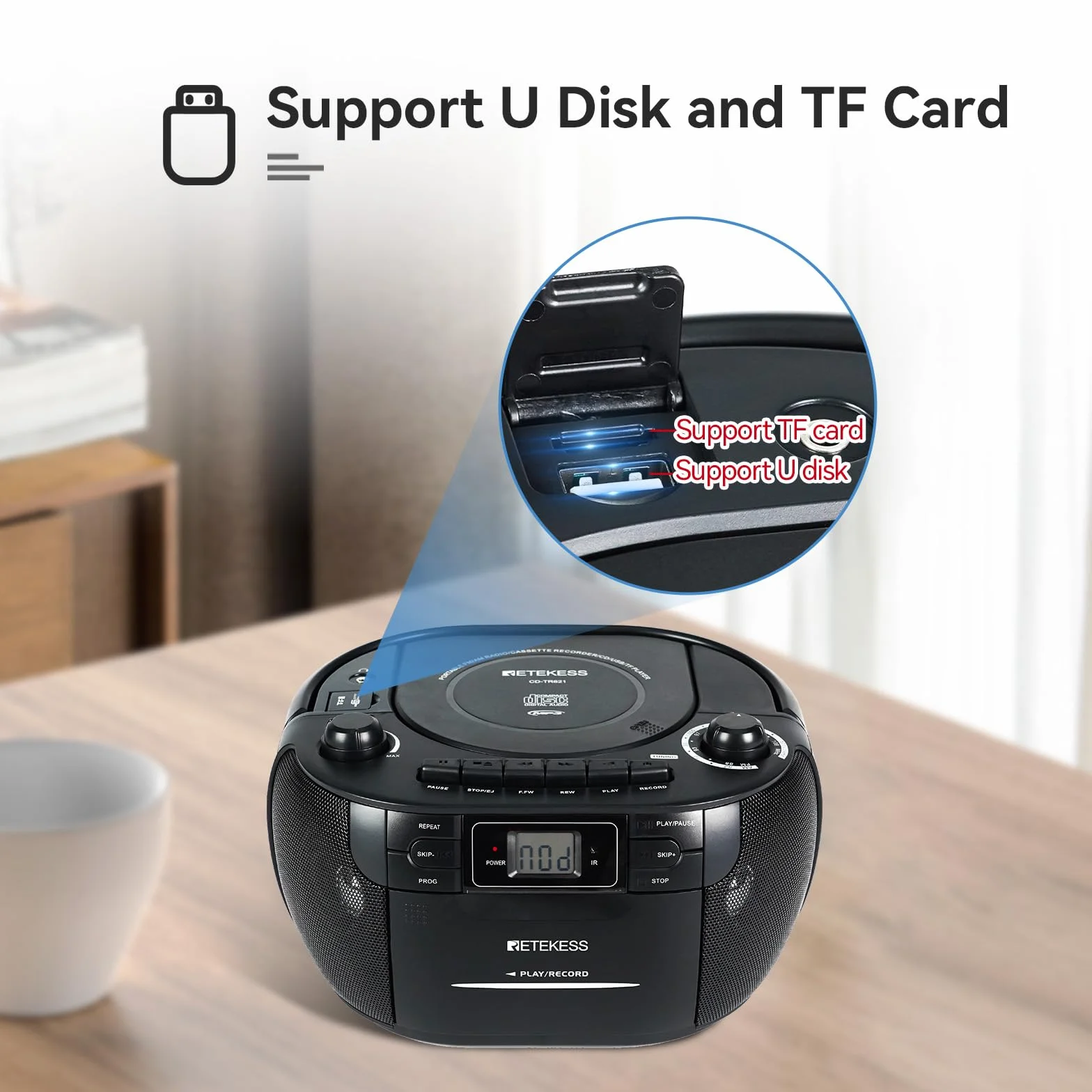 Retekess TR621 Przenośny Odtwarzacz CD Boombox Stereo z Radiem AM FM, Odtwarzacz Kasetowy, Magnetofon Kasetowy, Obsługa USB/TF/Słuchawek, z Pilotem (czarny)