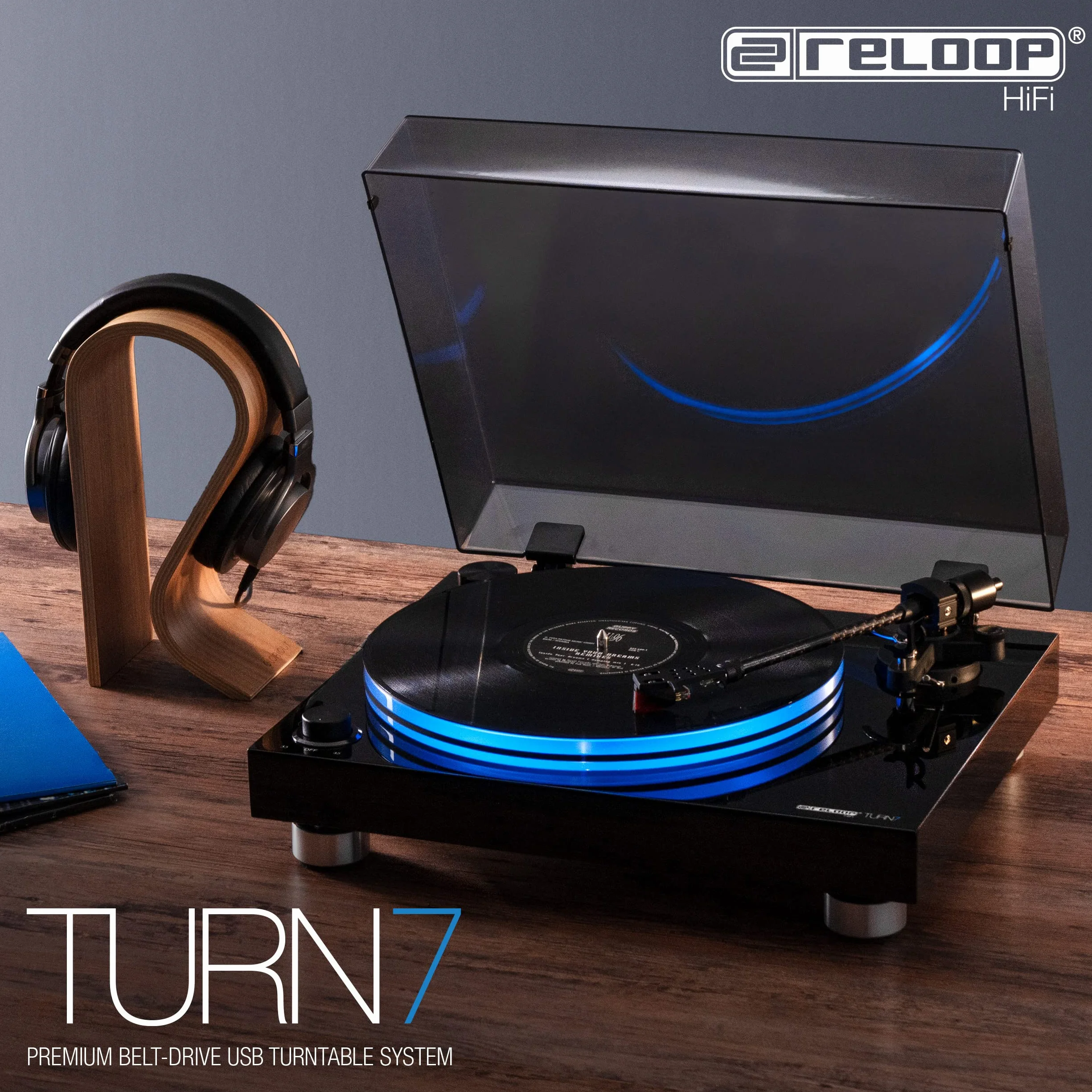 Reloop Turn 7 Gramofon HiFi napędzany paskiem Ortofon 2M Red akrylowy z podświetleniem LED silnik napędowy zewnętrzna prowadnica paska węglowe ramię tonowe