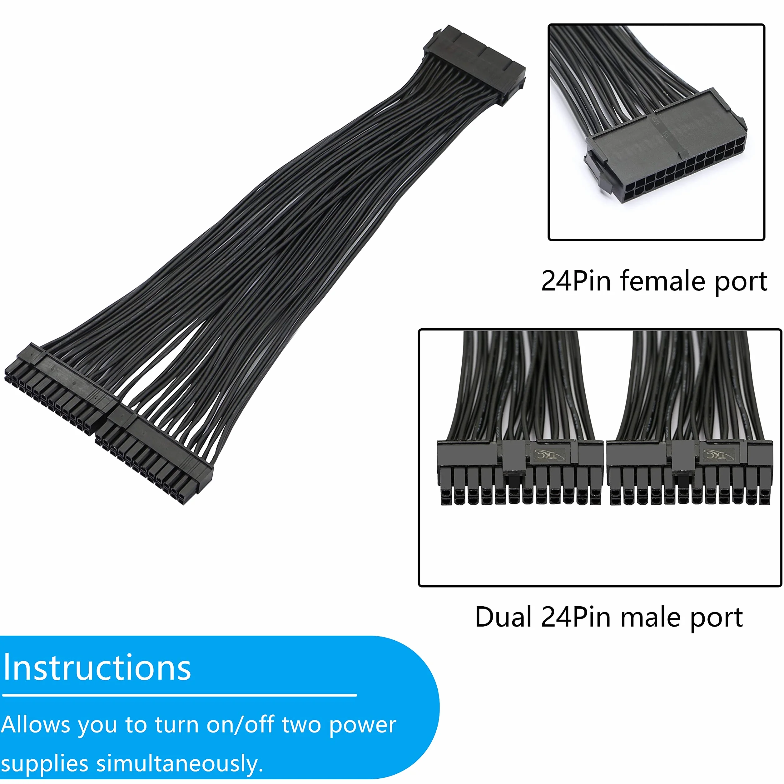 GELRHONR 24-pinowy kabel ATX Adapter płyty głównej 20+4 żeński na męski Y Splitter 1Ft