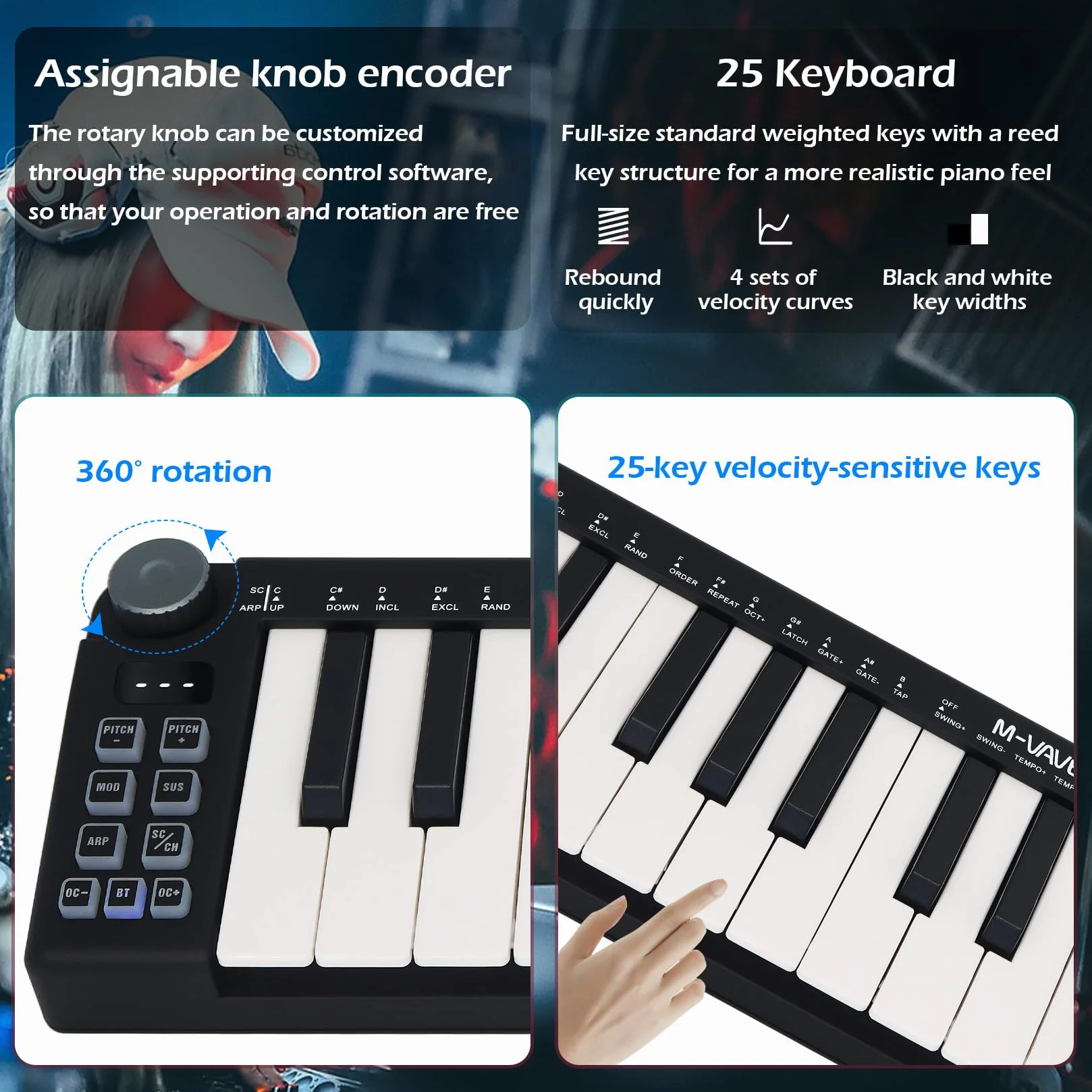 M-VAVE 25-klawiszowa mini klawiatura, klawiatura MIDI, profesjonalny Beat Maker i Keytar do produkcji muzycznej, wbudowana bateria, bezprzewodowe połączenie, czarne, mini bez