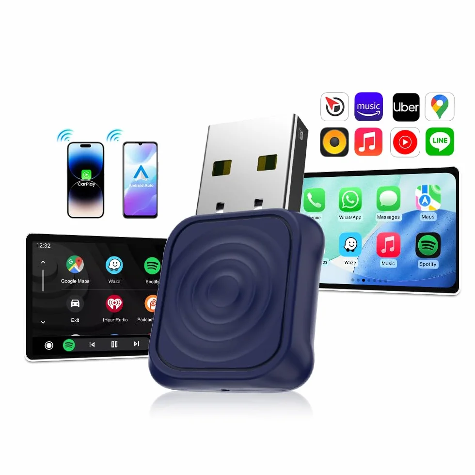 Carlinkit Bezprzewodowy adapter samochodowy CarPlay i Android 2026, ulepszenie połączenia przewodowego do bezprzewodowego, Plug & Play z USB-A/Type-C, działa z iPhone iOS 10+ i Android 11.0+