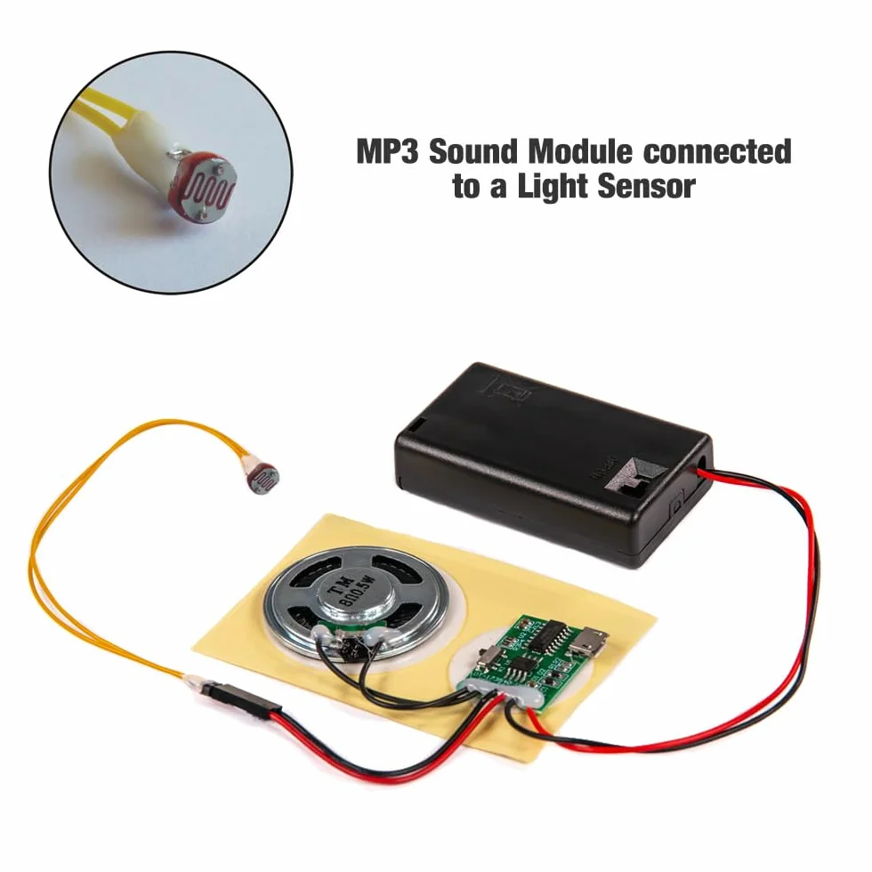 Talking Products, Moduł z układem dźwiękowym MP3, pamięć 4 MB, z pojemnikiem na baterie AAA. Stwórz swój własny spersonalizowany model muzyczny lub prezent… (Czujnik światła)