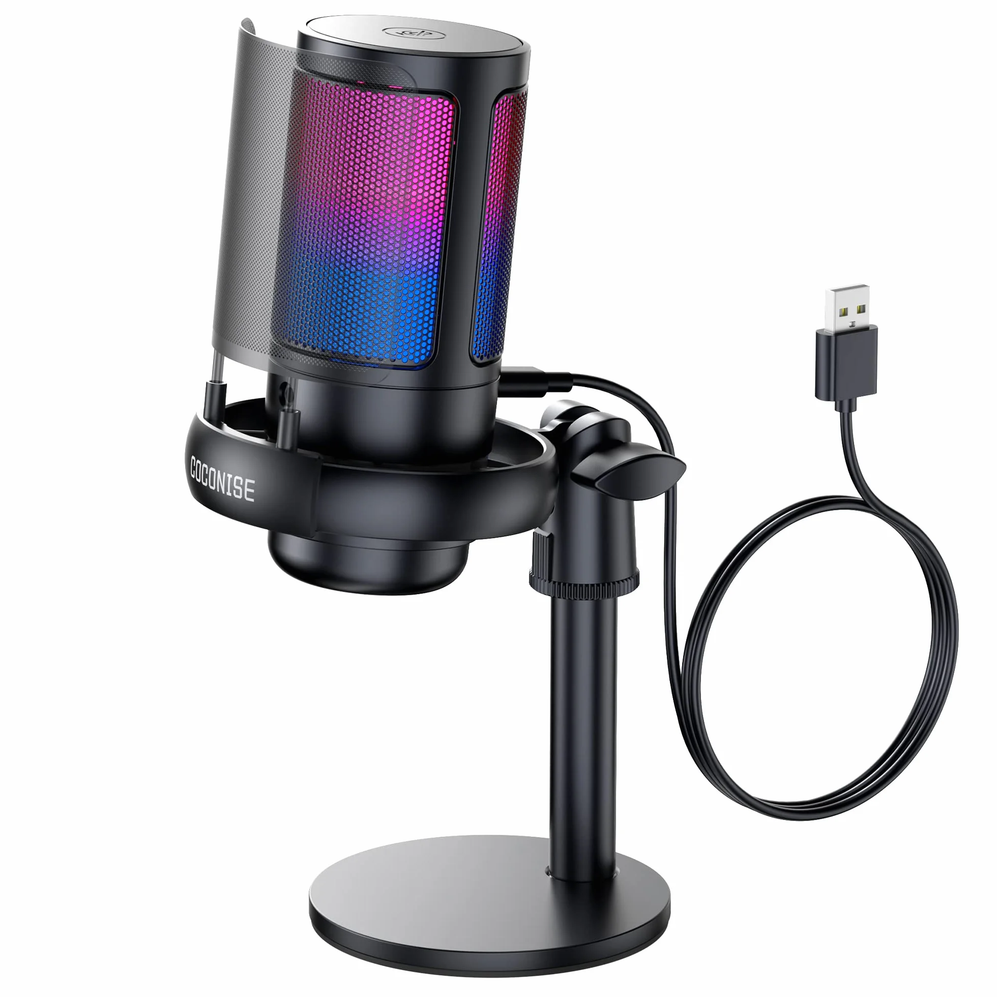 COCONISE Mikrofon gamingowy, mikrofon USB PC do podcastów wideo, strumieniowania, mikrofon pojemnościowy z szybkim wyciszeniem, statywem, filtrem pop, wskaźnikiem RGB, mocowanie wstrząsowe, przycisk