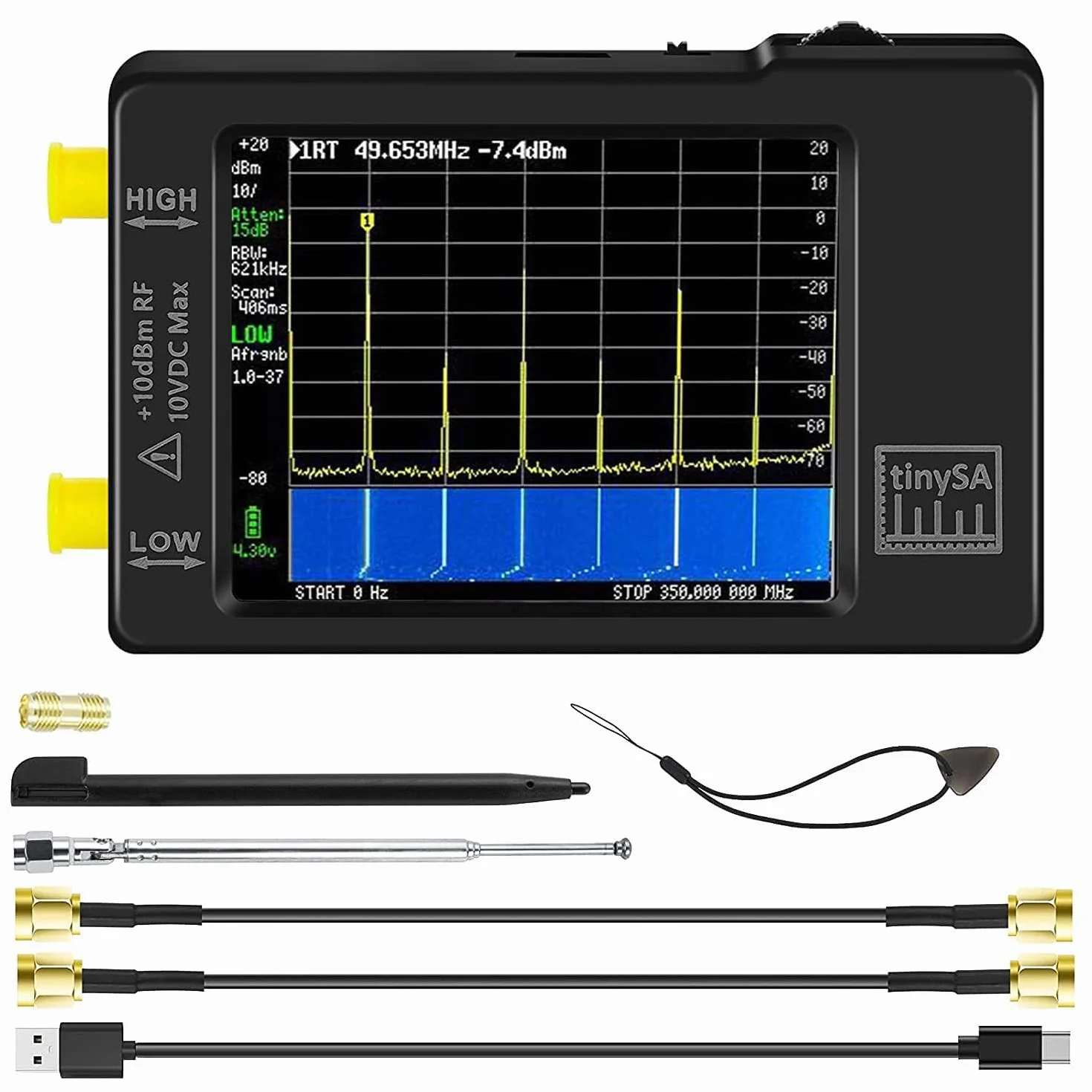 AURSINC Przenośny analizator widma tinySA - zaktualizowany analizator częstotliwości V0.3.1 | Wejście 100 kHz przy 960 MHz MF, HF, VHF UHF | Funkcja ochrony ESD i ekranu dotykowego & 2,8 cala