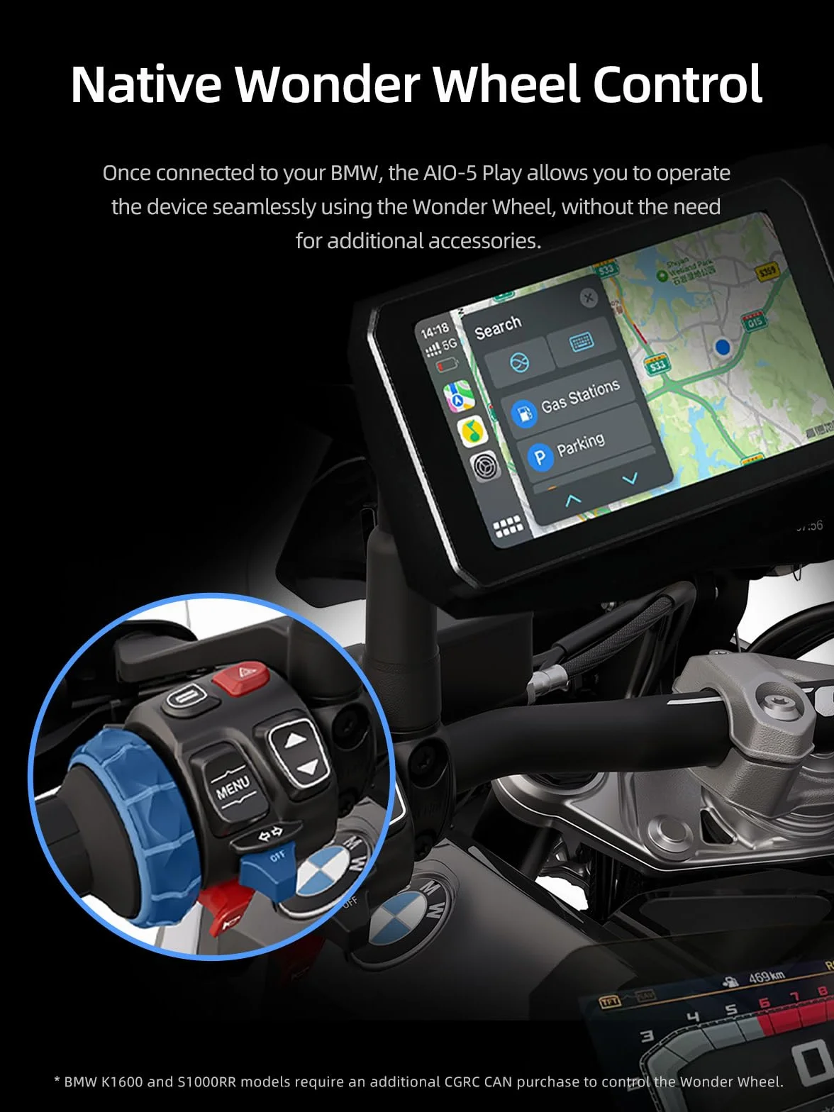 CHIGEE AIO-5 Play for BMW Motorcycles, 3-Pin Interface, Plug-and-Play Smart Display with Apple CarPlay & Android Auto, 60FPS, IP68 Waterproof, Built-in GPS, Anti-Theft Alarm, Data Reading