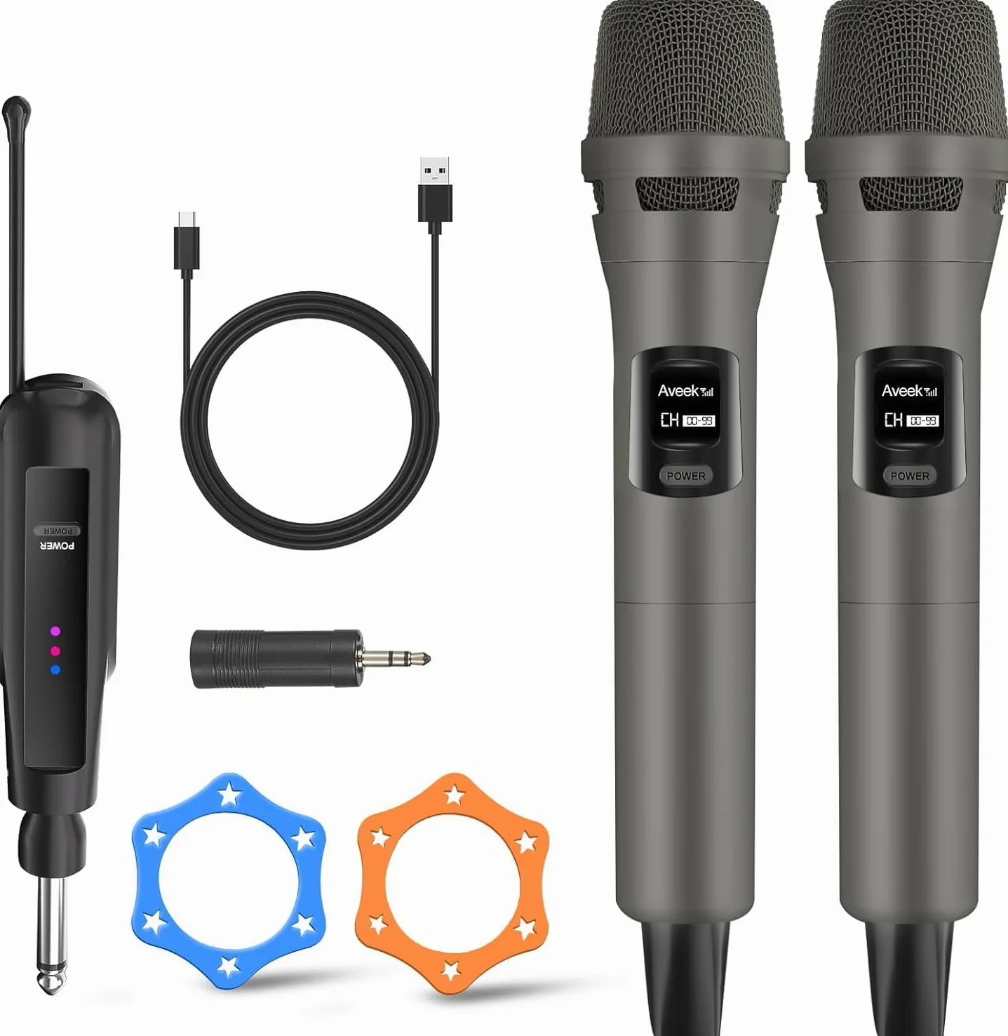 Aveek Bezprzewodowy mikrofon do karaoke, 2,4 GHz, akumulatorowy, dynamiczny mikrofon bezprzewodowy i bezprzewodowy odbiornik do maszyny karaoke, kościoła, przemówień, ślubu, imprezy, śpiewania, szary