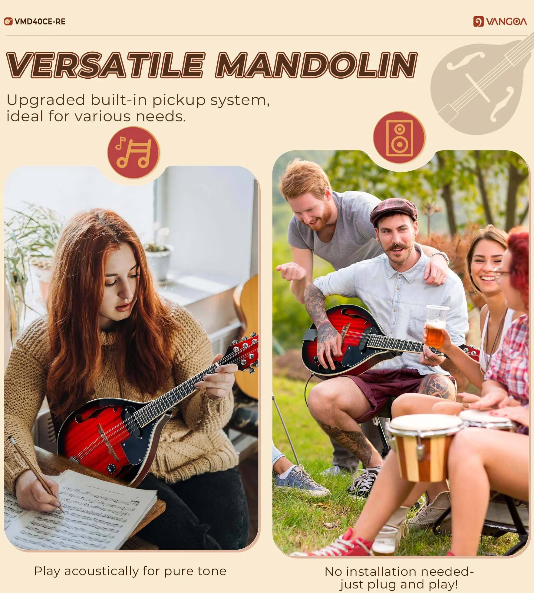 Vangoa AStyle Mandolina Instrument muzyczny mahoń Mandolina elektryczna 8 strun dla początkujących Red Sunburst