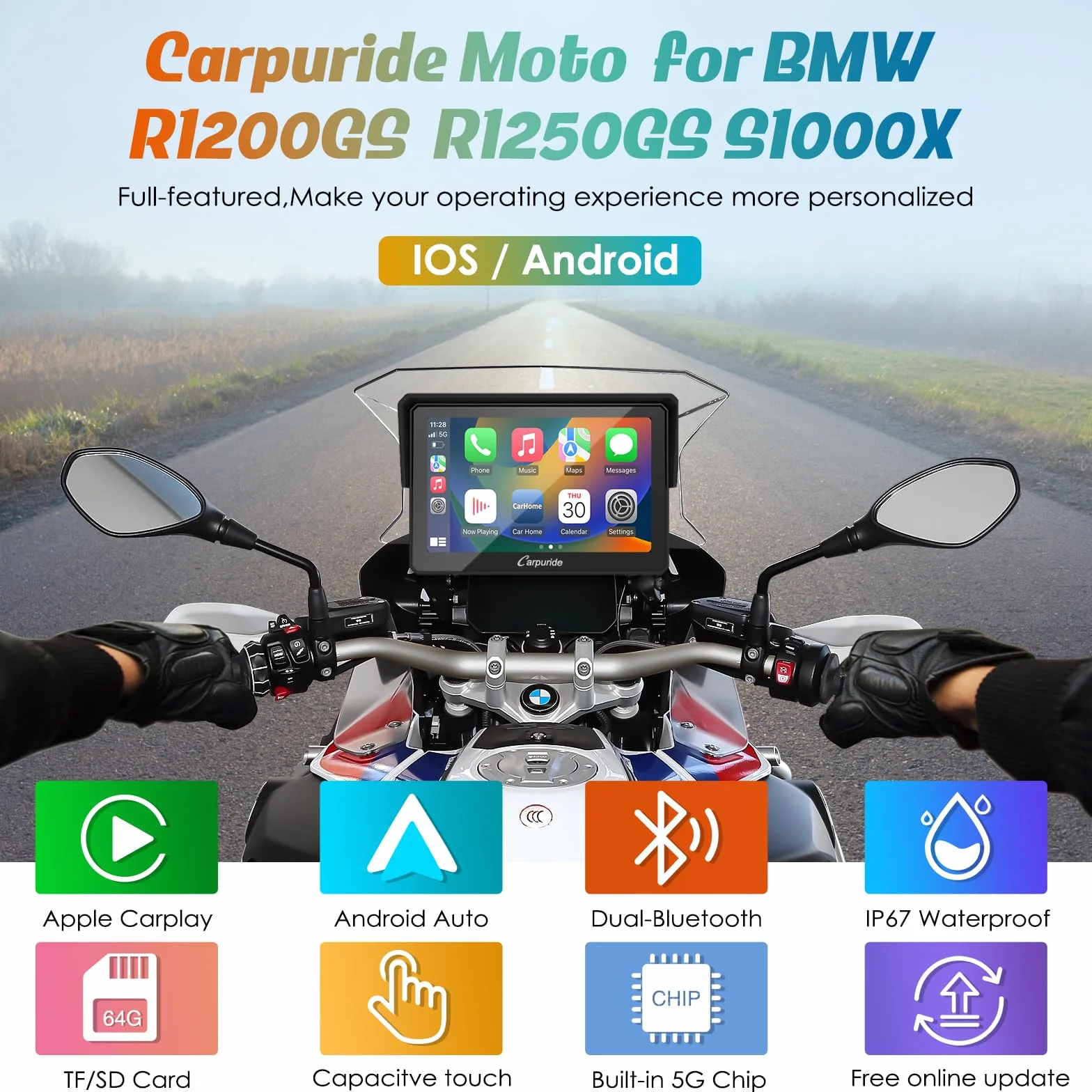 Carpuride w502B motocykl Carplay ekran do motocykla BMW R1200GS R1250GS S1000XR, wodoodporny ekran dotykowy, przenośna nawigacja GPS Carplay/Android do motocykla, podwójny Bluetooth