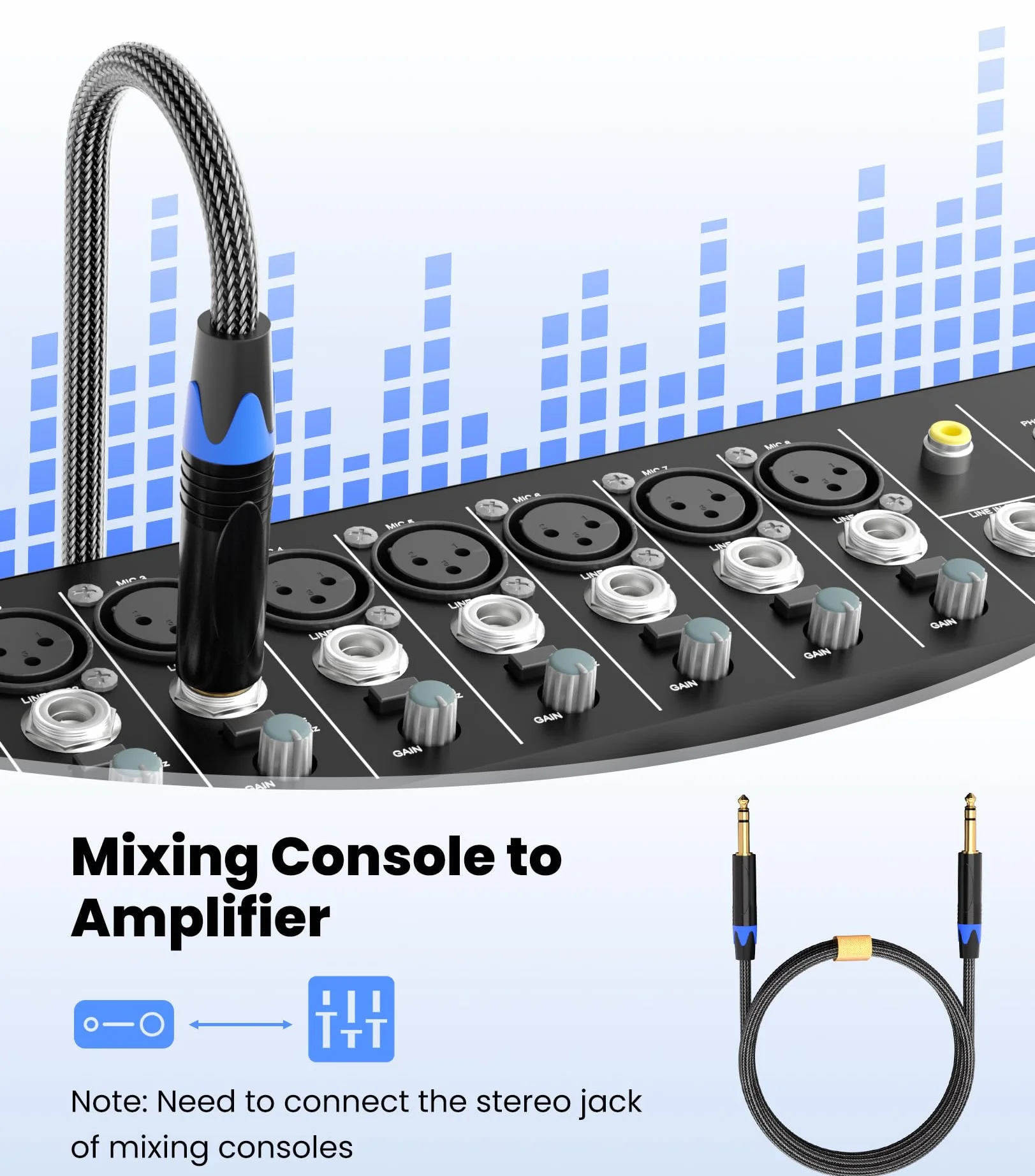 Tisino Kabel TRS 6,35 mm męski na męski, zbalansowany kabel audio jack 1/4 cala, nylonowy oplot, pozłacane złącza, do monitorów studyjnych, miksera, wzmacniacza, gitary, basu i keyboardu-2m