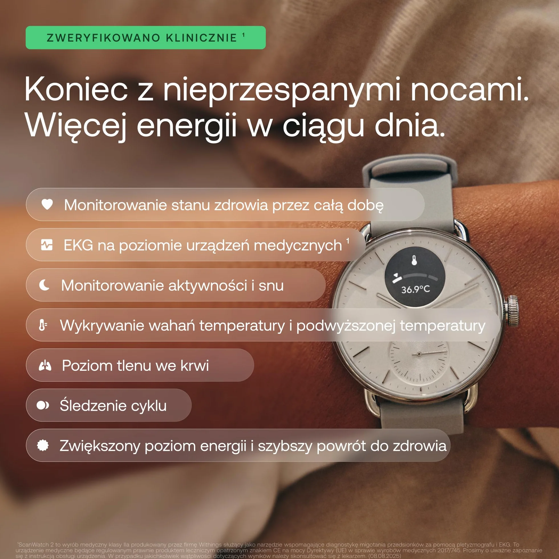 Withings ScanWatch 2 Heart Health Hybrydowy smartwatch dla mężczyzn i kobiet, EKG, SPO2, monitorowanie temperatury, śledzenie snu, zdrowie układu oddechowego, śledzenie cyklu, czas życia