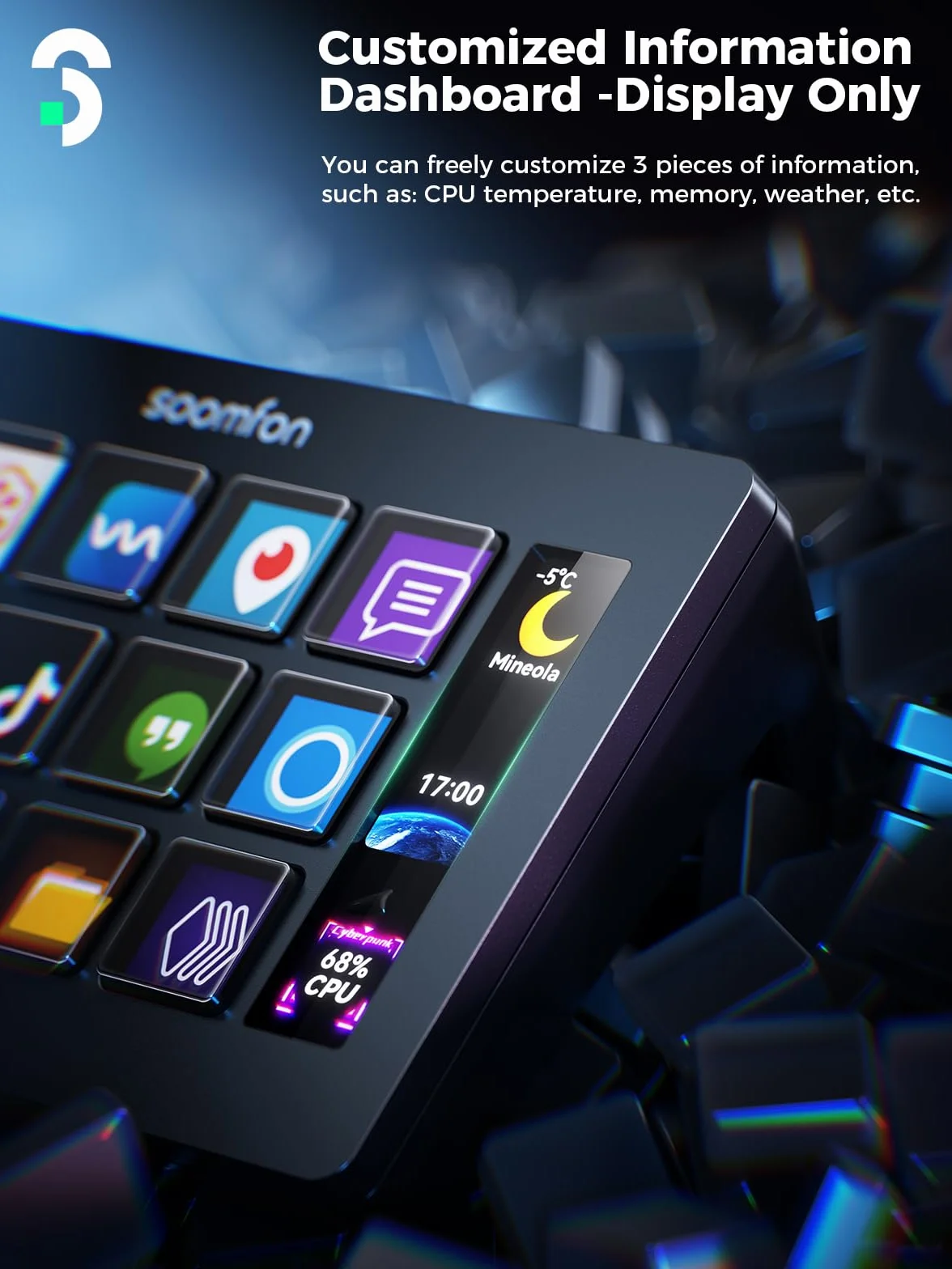 SOOMFON Stream Control Deck, 15-klawiszowy kontroler do nagrań na żywo, przyciski LCD OBS Twitch YouTube