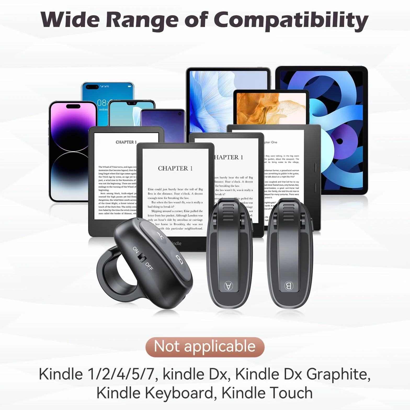 Pilot RF, Kindle Page Turner z ładowaniem USB-C, klips A i B, wskaźnik LED, zabezpieczenie przed odciskami palców, długi czas czuwania dla czytników e-booków — łatwa obsługa jedną ręką