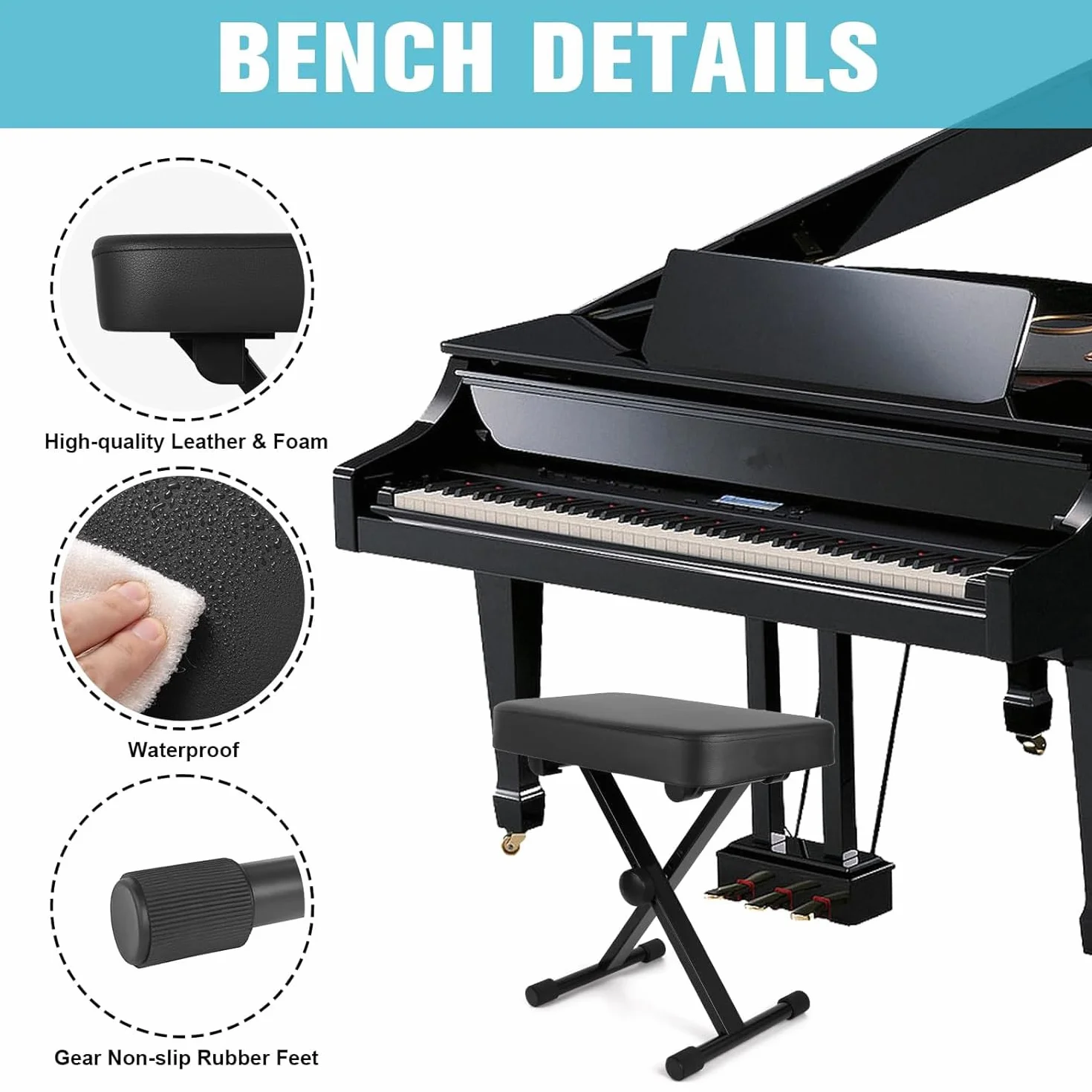 HEYOUTH Regulowany stołek fortepianowy, krzesło fortepianowe lub klawiatura o wysokości 40-45-48-50 cm, wyściełany stołek na klawiaturę, ławka fortepianowa