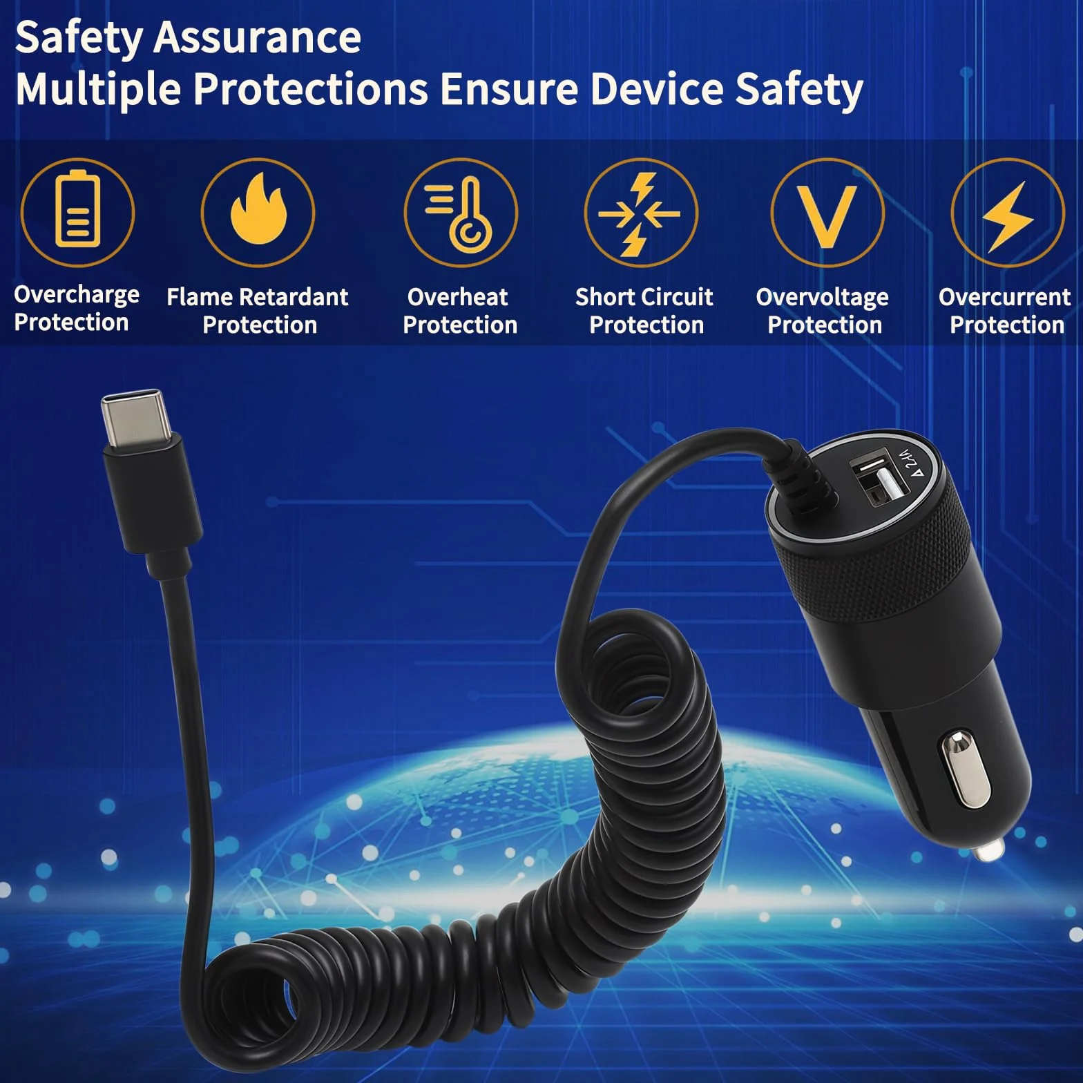 Zapalniczka USB C 2 porty ładowarka samochodowa USB C z kablem sprężynowym typu C o długości 1,2 m, ładowarka samochodowa do telefonu komórkowego Samsung S25/S24/S23/S21/A55/A16/Z Fold6/Z Flip 3