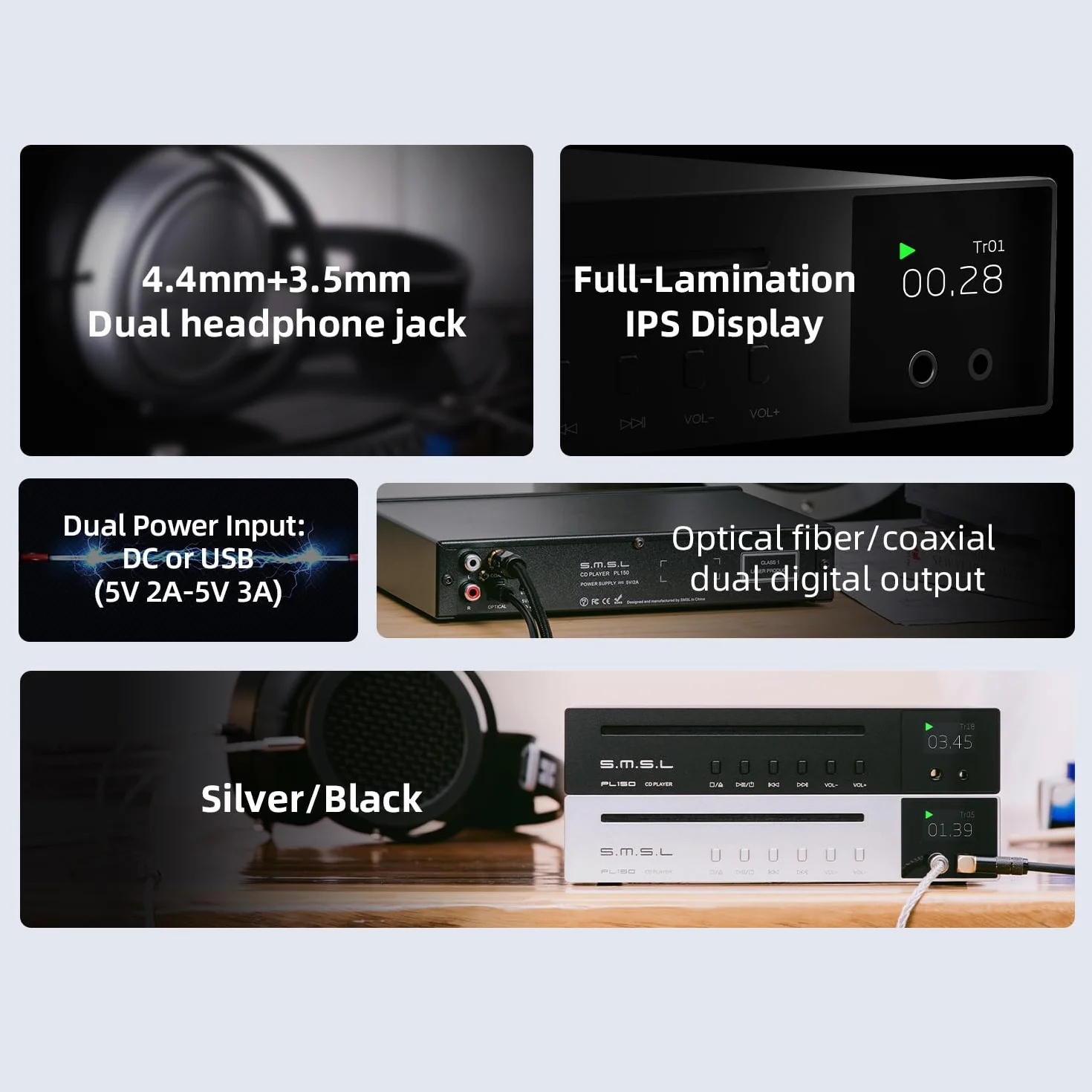Odtwarzacz CD SMSL PL150 Wysokiej Jakości z Dekodowaniem DSD512, Funkcją DAC USB, Idealny dla Domowego Kina i Audiofilów（Czarny）