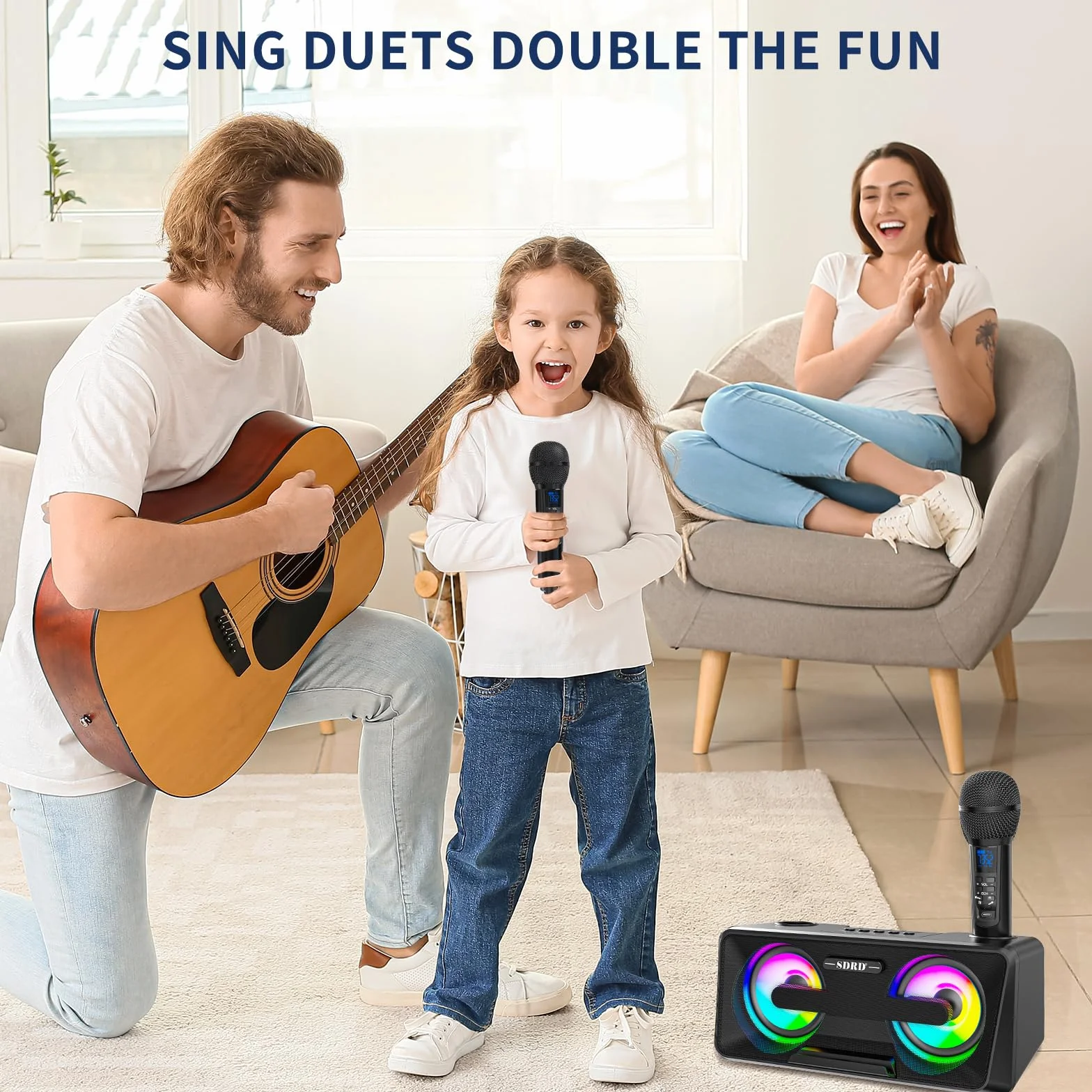 Maszyna do karaoke dla dorosłych i dzieci, 2 mikrofony UHF, głośniki Bluetooth, system PA z lampami, uchwyt na telefon, idealna na imprezę, piknik,