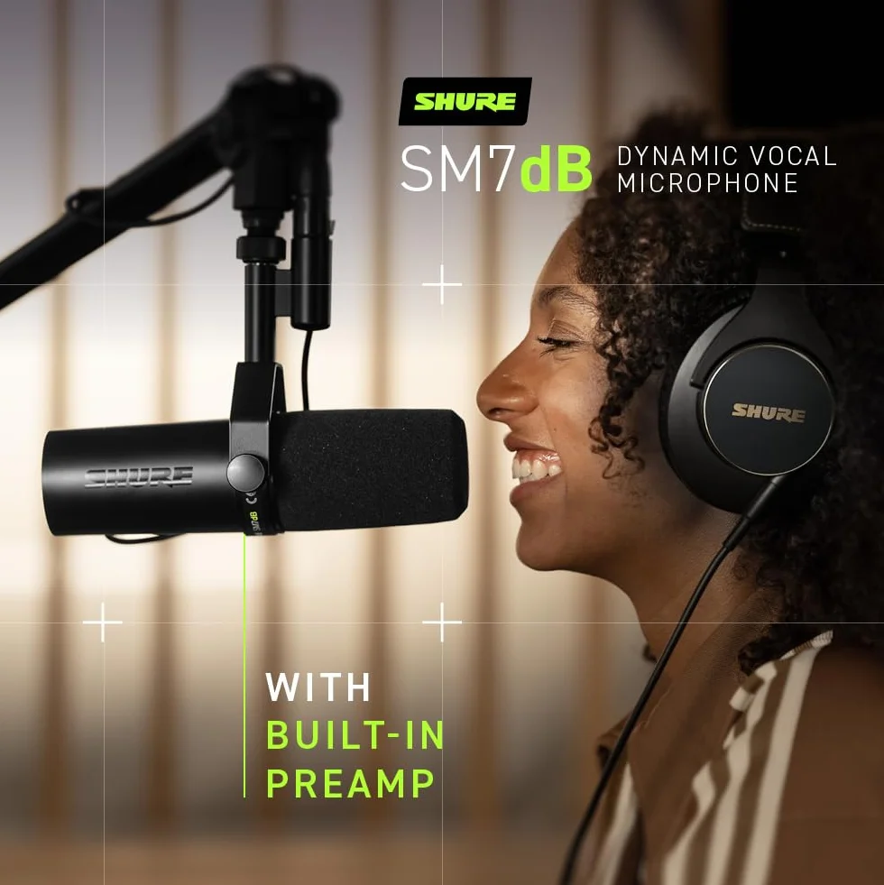 Shure SM7dB Dynamiczny mikrofon wokalowy do transmisji, podcastów i nagrywania, szeroki zakres częstotliwości, ciepły i gładki dźwięk, solidna konstrukcja, zdejmowana osłona przeciwwietrzna - czarny