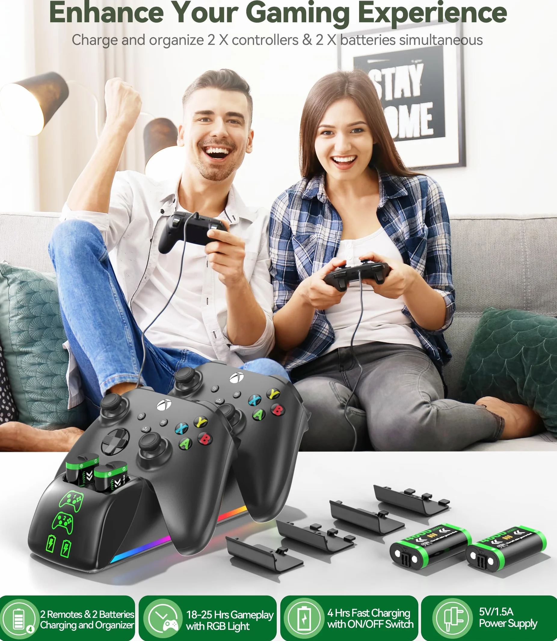 Stacja ładująca kontrolera Xbox z 4 x 5520 mWh akumulatorami do Xbox Series/One X|S, podwójna stacja ładująca RGB Xbox z kontrolerem X, akcesoria do kontrolerów gier
