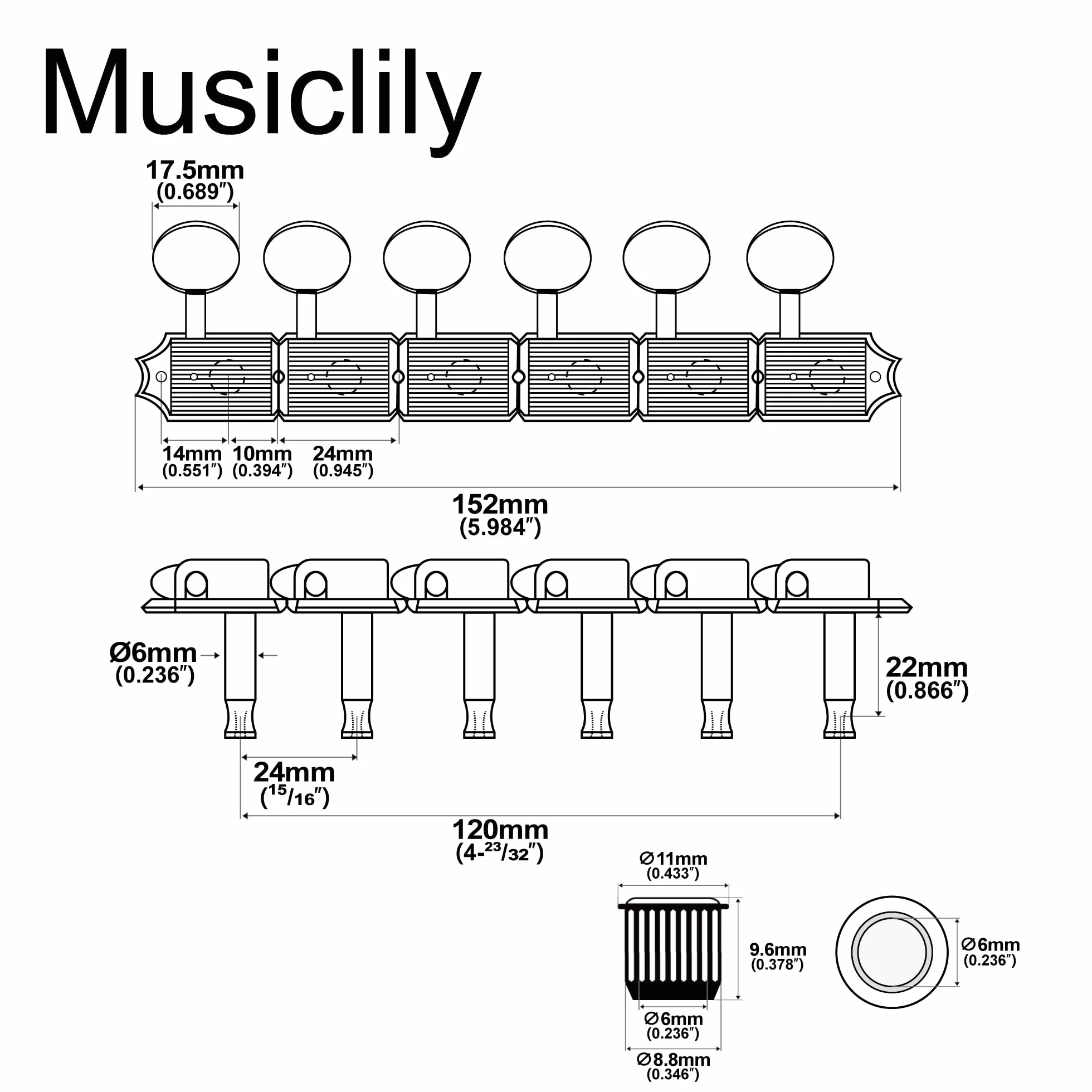 Musiclily Pro Vintage Split Shaft 6 w Linii Klucze Gitaryowe Tunery Kołki do Gitary Elektrycznej Squier Classic Vibe Strat Tele, Nikiel