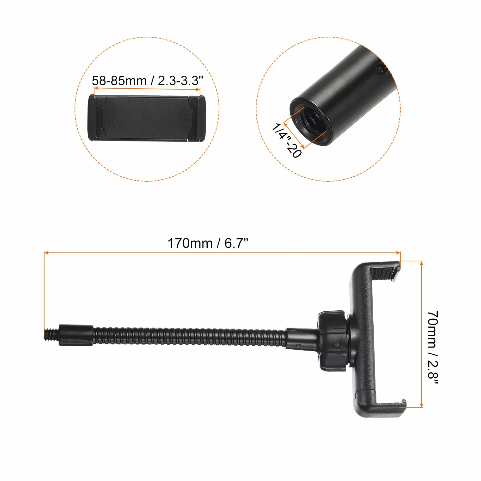 PATIKIL 17.0 cm elastyczna regulowana gęsia szyja z klipsem do telefonu i gwintem męskim 1/10.2 cm dla większości adapterów gwintowanych 1/10.2 cm, czarny