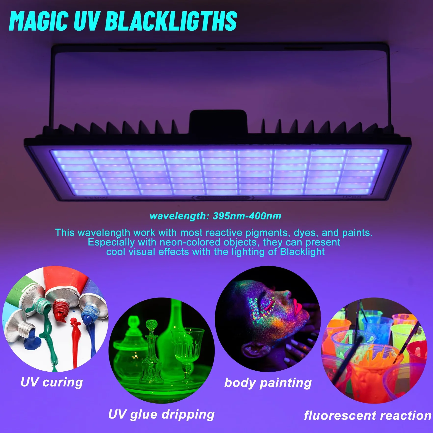 BOSYTRO 50W/100W/150W LED Czarna Światło, IP66 Wodoodporne UV, Światła UV dla Glow Party, Dekoracje Halloween, Body Paint, Oświetlenie Sceniczne, Akcesoria na Glow In The Dark Party (150W-2)