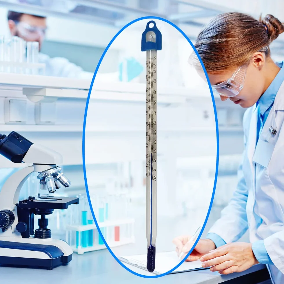 Termometr do pomiaru temperatury wody i cieczy – laboratoryjny termometr szklany, zakres od -10 do +110 °C, 155 mm, laboratorium zanurzeniowe, niebieski płyn