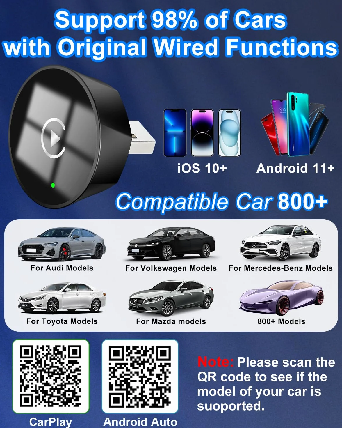 Mini bezprzewodowy adapter samochodowy do fabrycznie zainstalowanych systemów pojazdów, Plug & Play adapter USB C do pojazdów z przewodowym CarPlay/Android Auto (od 2016), WLAN BT 5.2, kompaktowa