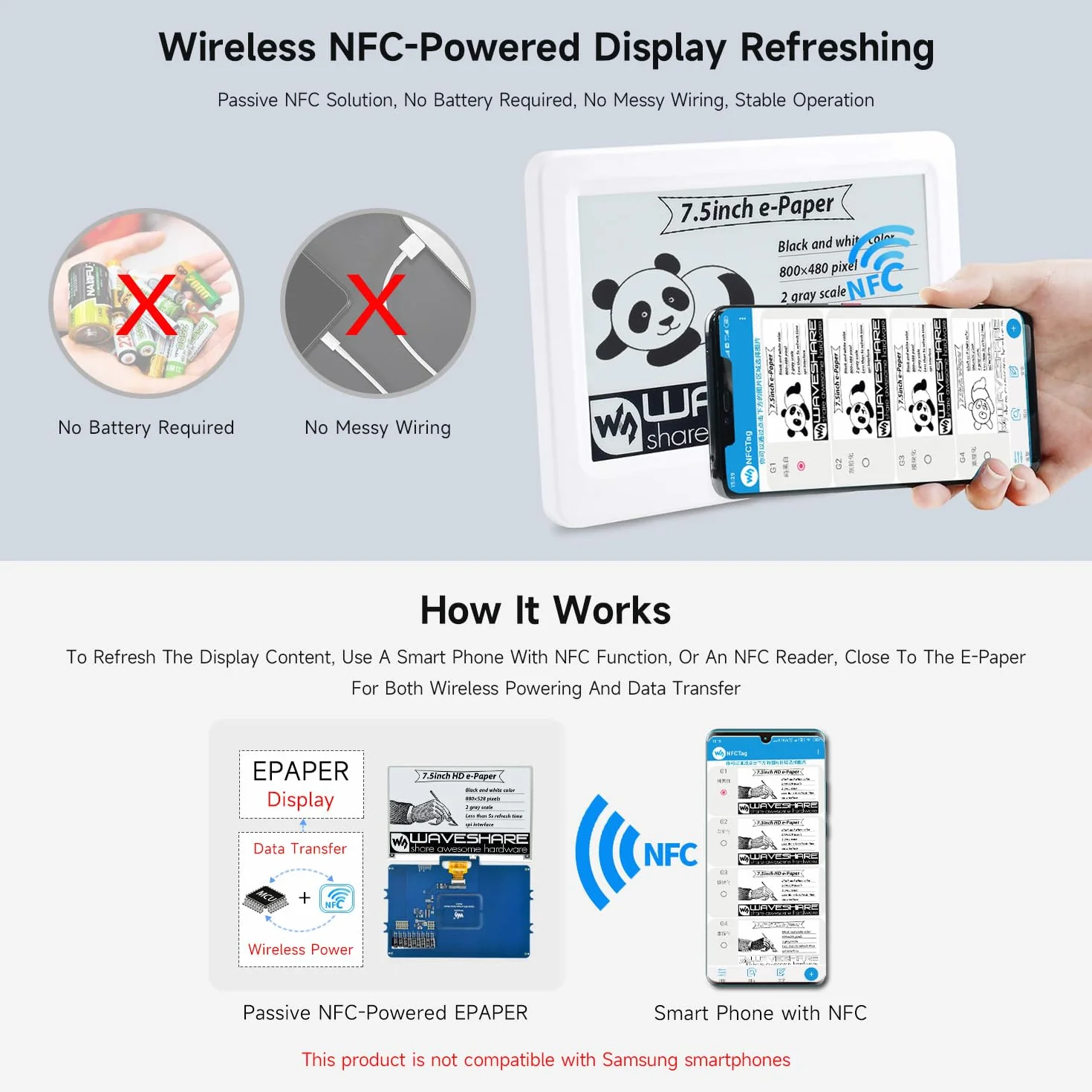 Waveshare 7.5inch Passive NFC-Powered E-Paper V2, Adopts Novel Passive NFC Technology, No batt Required, Wireless Powering & Data Transfer
