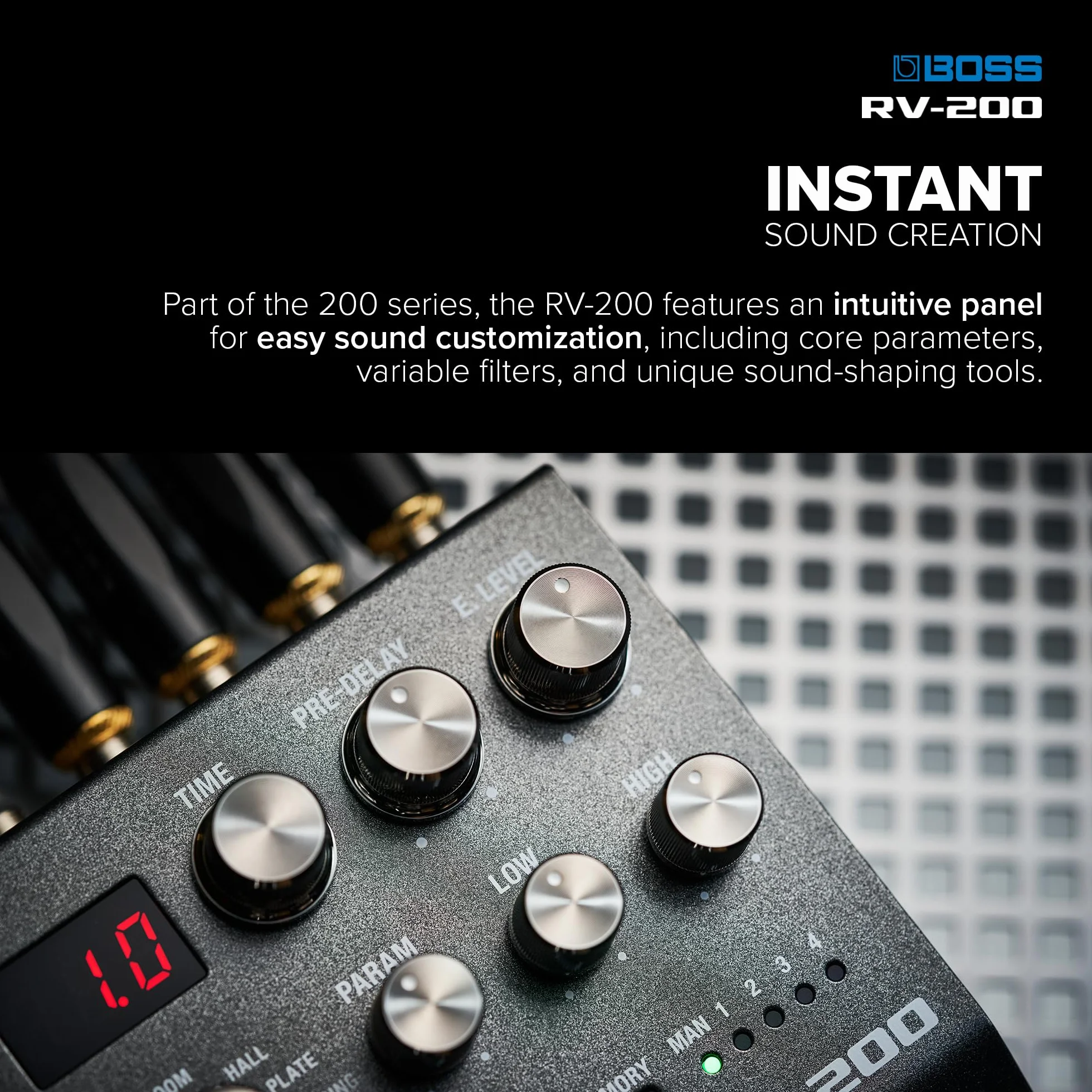 BOSS RV-200 Reverb | Najwyższej Jakości Przetwarzanie Pogłosu w Udoskonalonym Pedale Efektów BOSS serii 200 do Gitary i Innych Instrumentów | 12 Typów Pogłosu, w tym Arpverb | 127 Pamięci Użytkownika