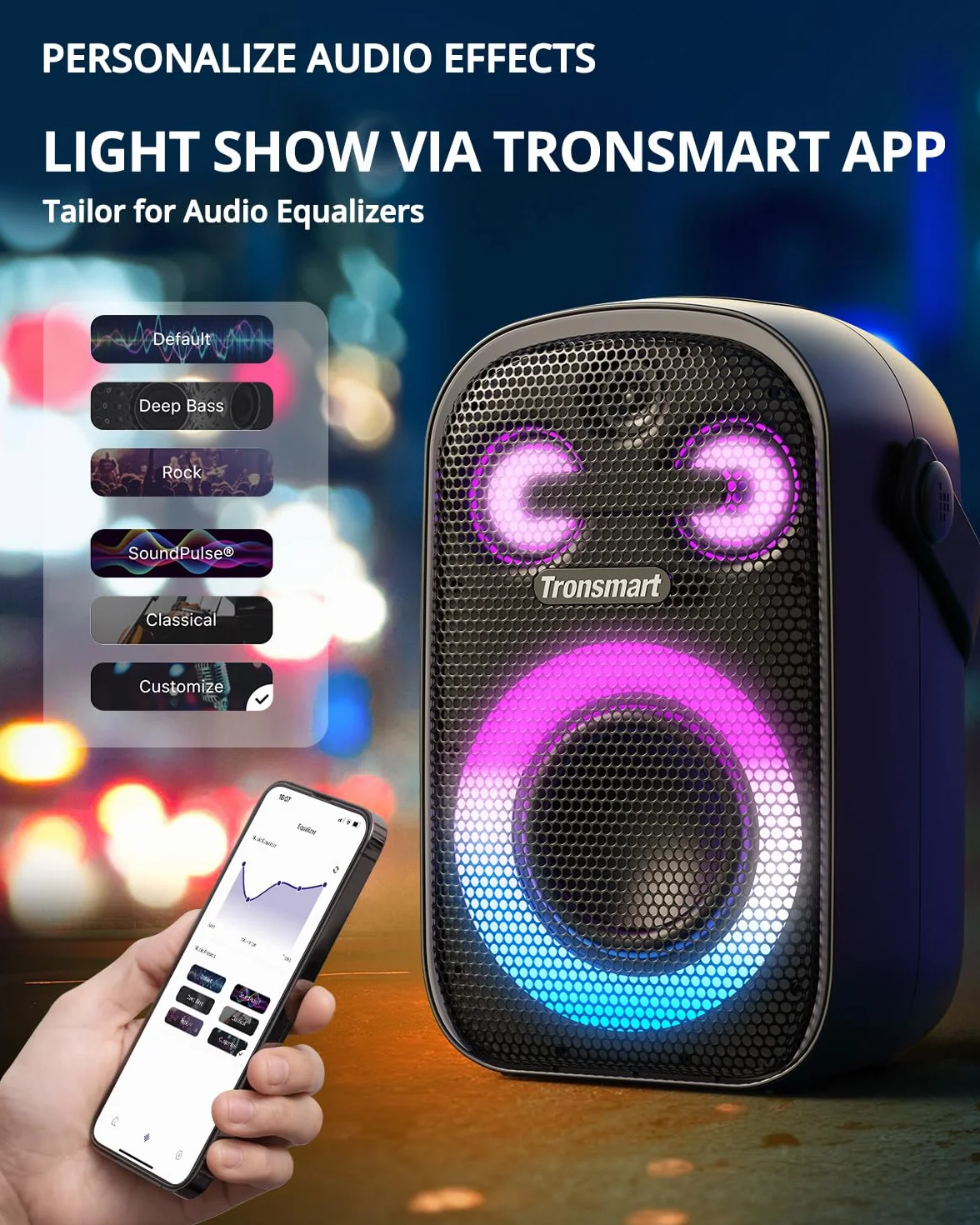 Tronsmart Halo 100 przenośny głośnik Bluetooth 5.3, 60 W, światła LED, wodoszczelność IPX6, 18H odtwarzania, dźwięk stereo, powerbank i aplikacja, do użytku na zewnątrz.