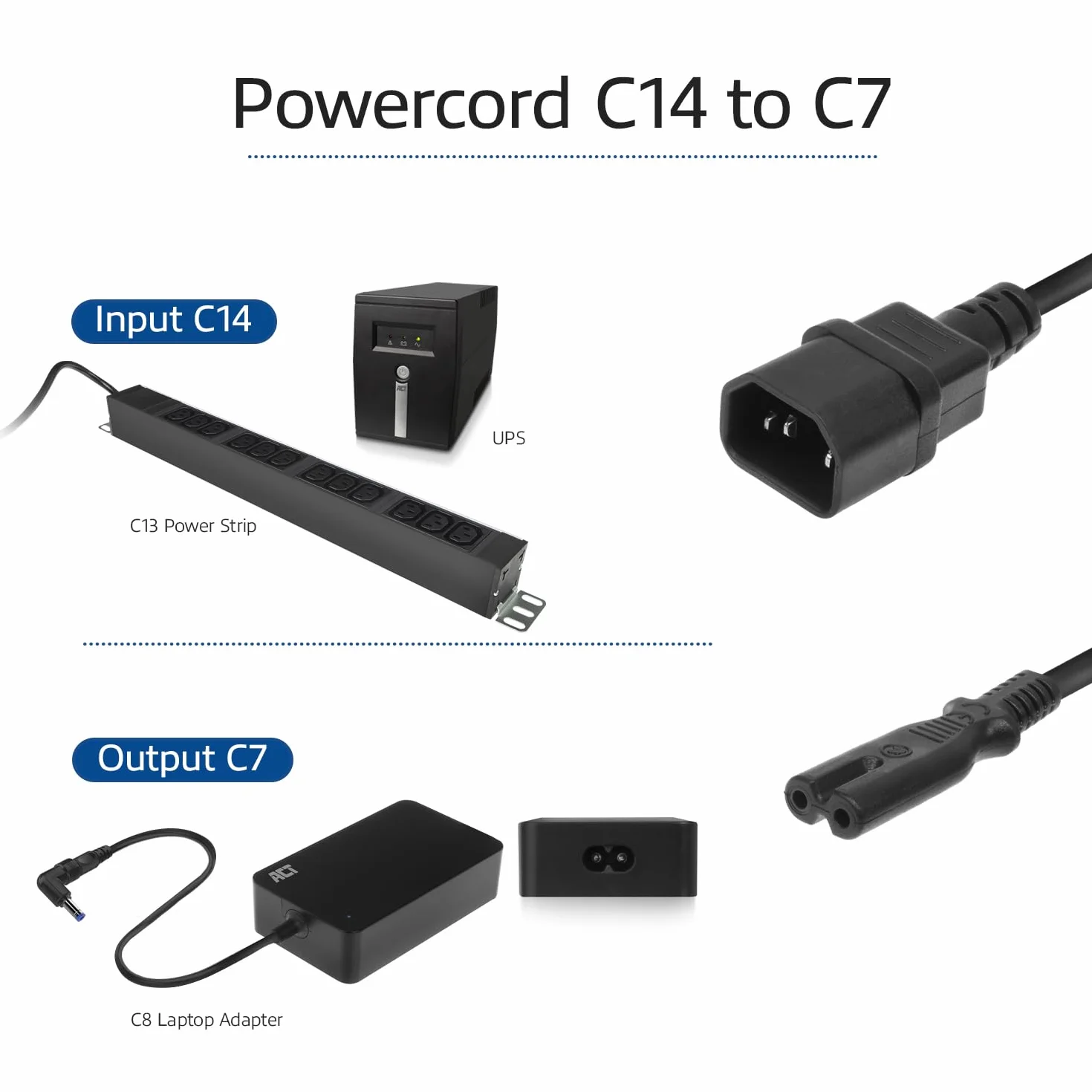 ACT C14 na C7 kabel zasilający, 0,2 m, wtyczka C14 na gniazdo C7, 2-biegunowy kabel zasilający, figurka 8– AK5248