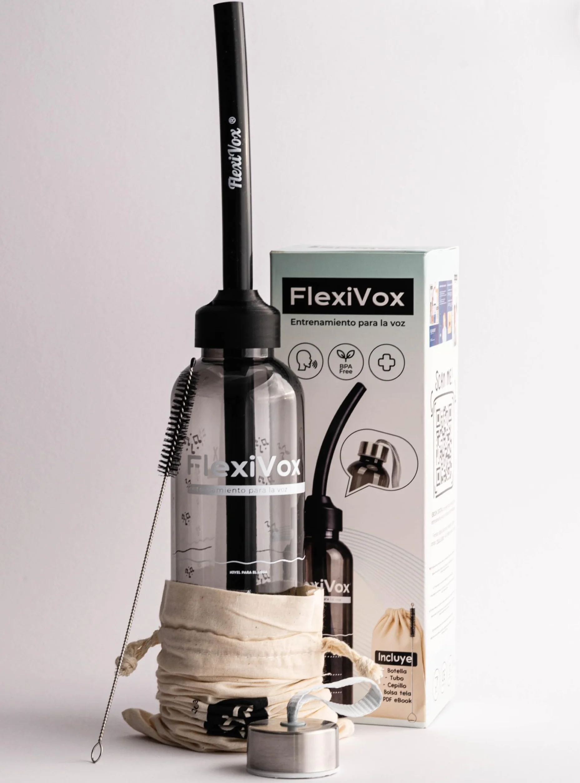 FlexiVox®, zestaw do ćwiczeń głosu | Stosowany w logopedii i terapii głosu z aseptyczną talkiem + Butelka z miarką + Szczotka + Torba + eBook + Korek regulacyjny