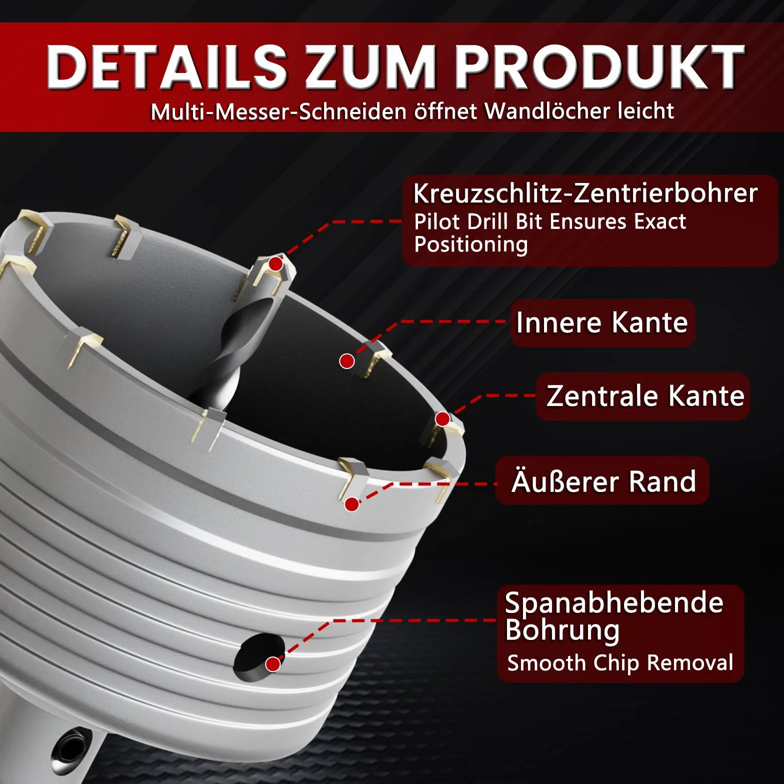 CSOOM Otwornica do betonu 115 mm z przedłużeniem SDS-Plus 220 mm, zestaw otwornic do betonu, 4 x wiertło centrujące 8 x 110 mm, końcówka z twardego metalu, 2 x wiertło centrujące